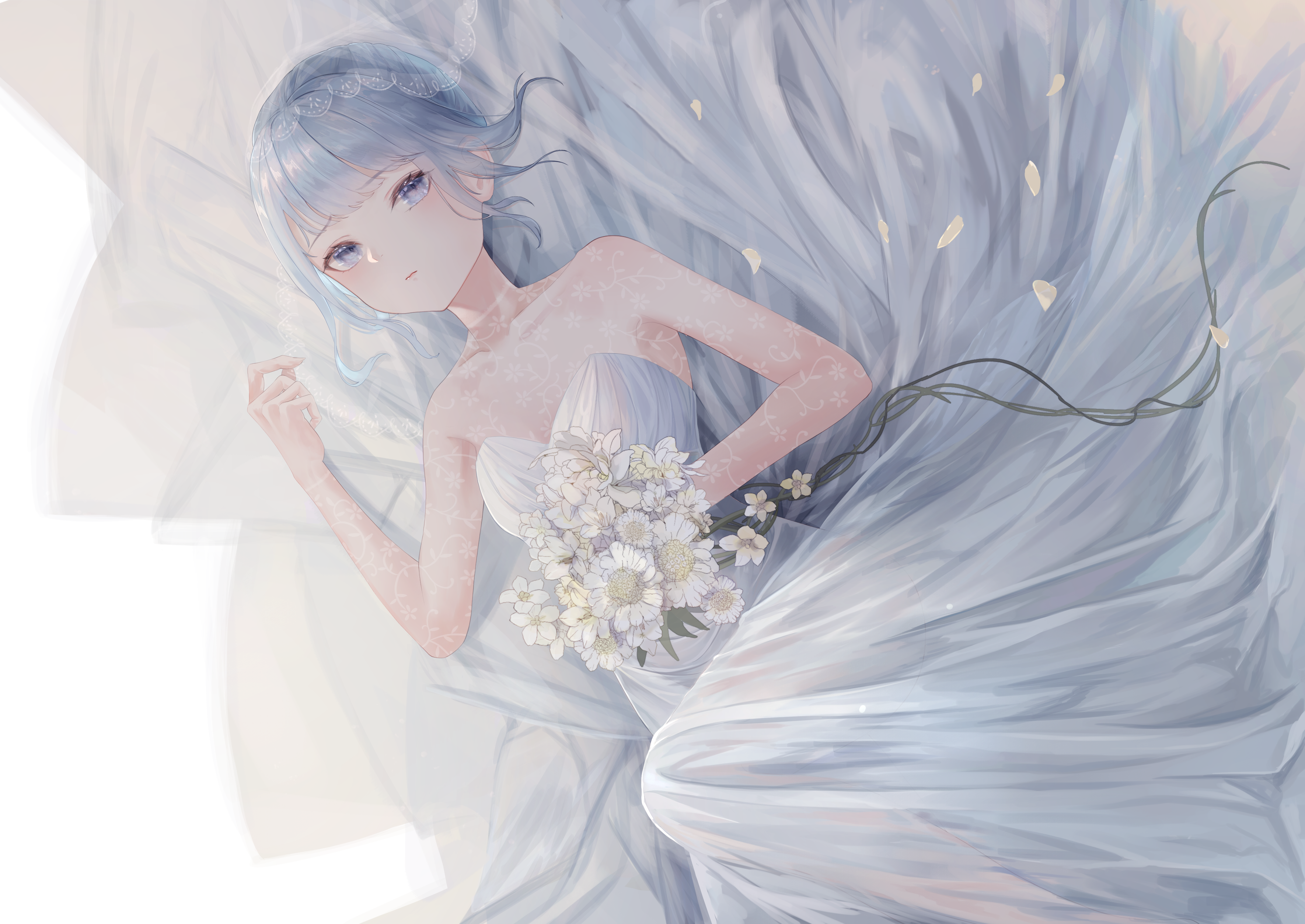 Anime Girls Flowers Wedding Dress Blue Hair Bangs Nenya Oekaki 3541x2508