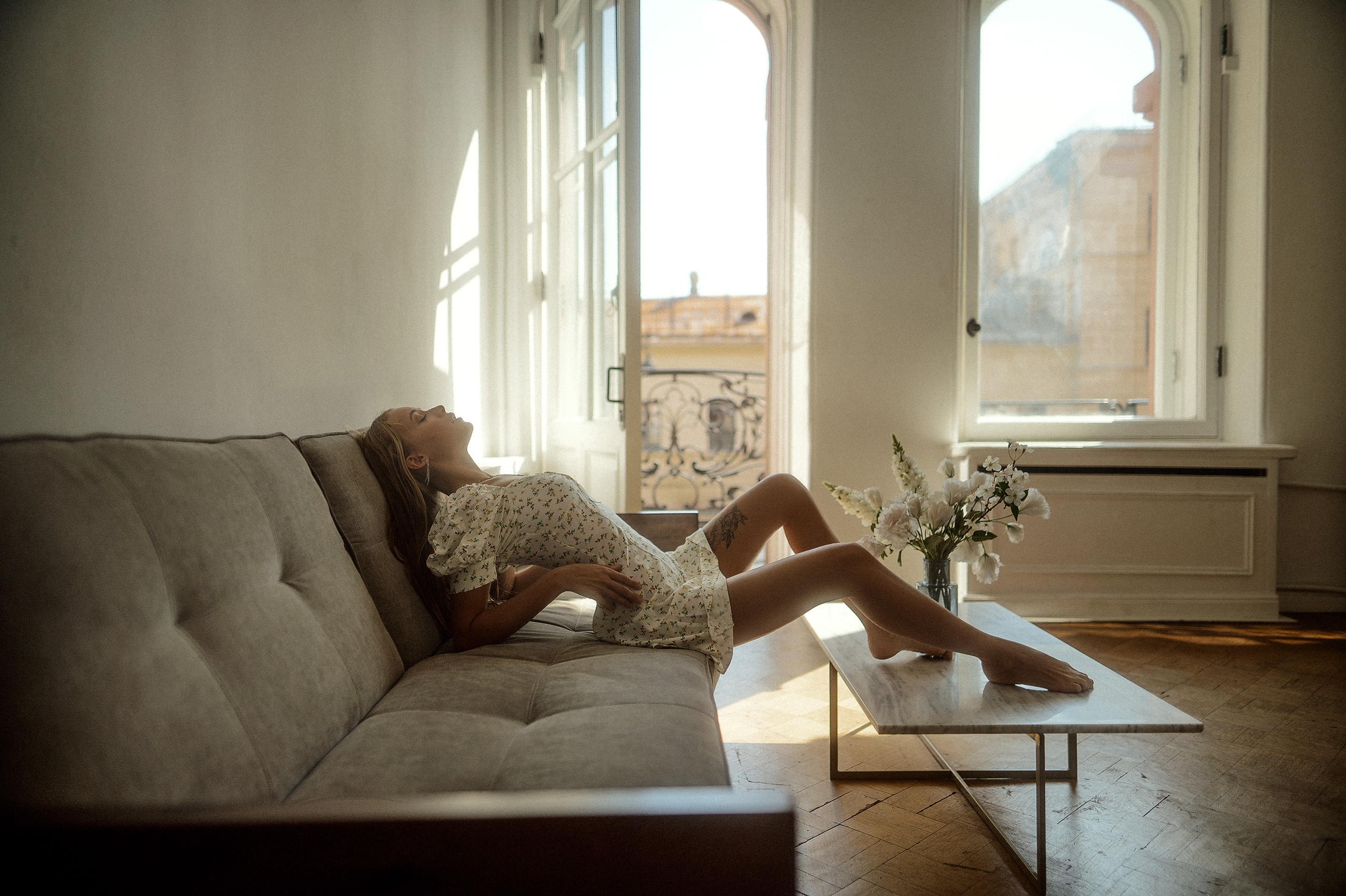 Maxim Gustarev Model Women Blonde Closed Eyes Dress Legs Feet Barefoot Tattoo Flowers Window Couch S 2560x1706