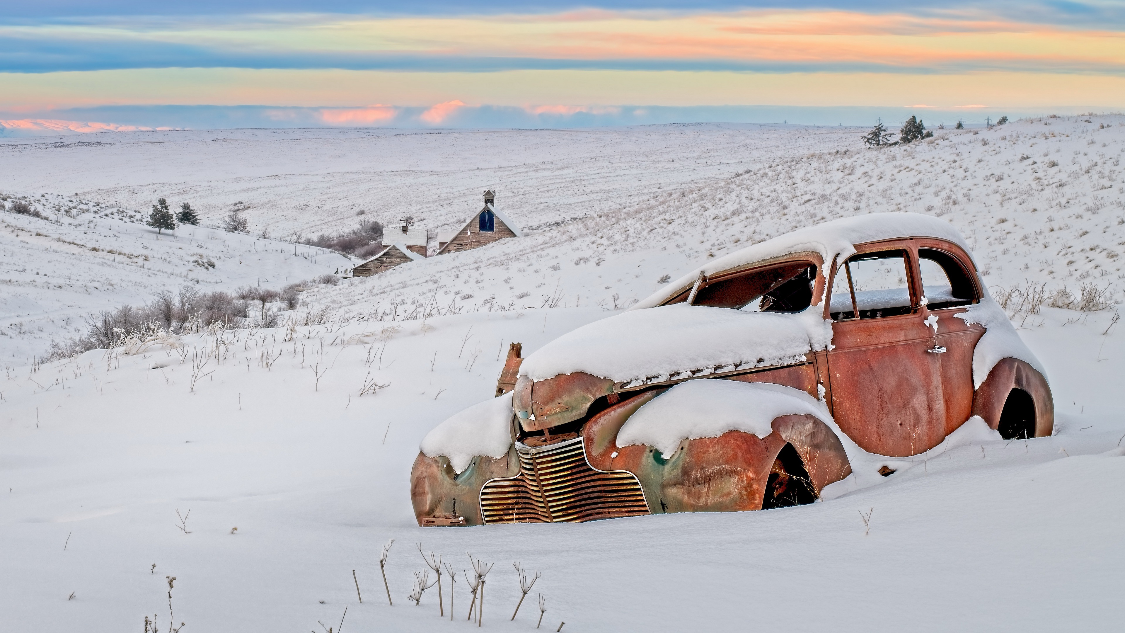 Car Snow Vehicle Winter Outdoors Wreck 3840x2160