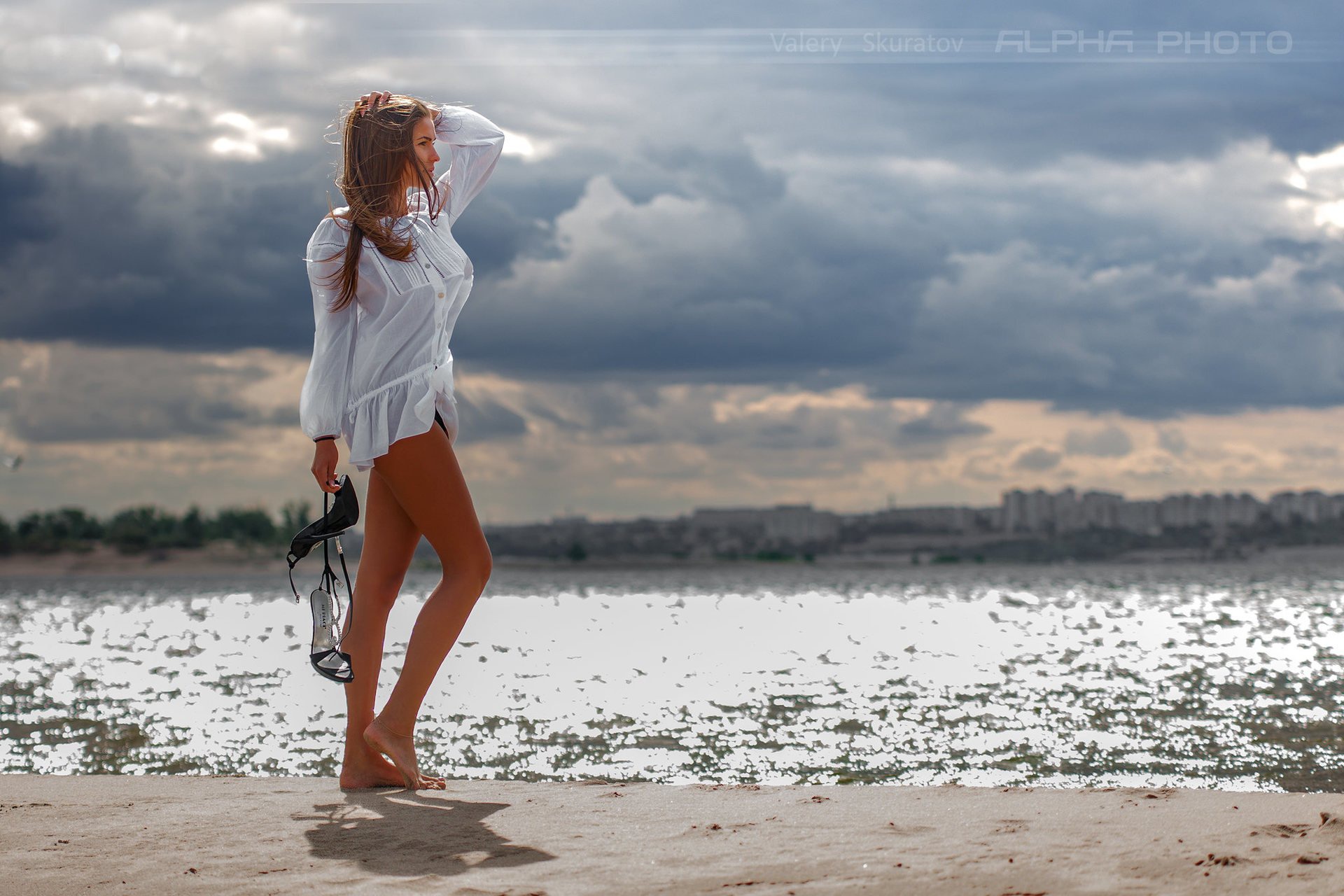 Valery Skuratov Model Women Brunette Legs Feet Barefoot Shoes Shirt White Shirt Sea Beach Sand Cloud 1920x1280