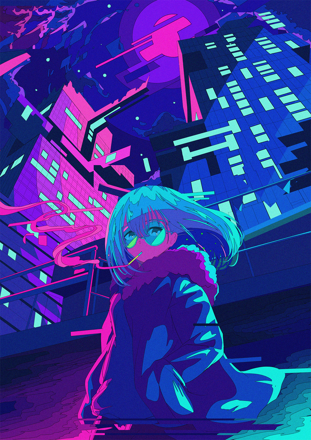 Psychedelic Smoking Colorful Blue Cyan Pink City Lights 1200x1697