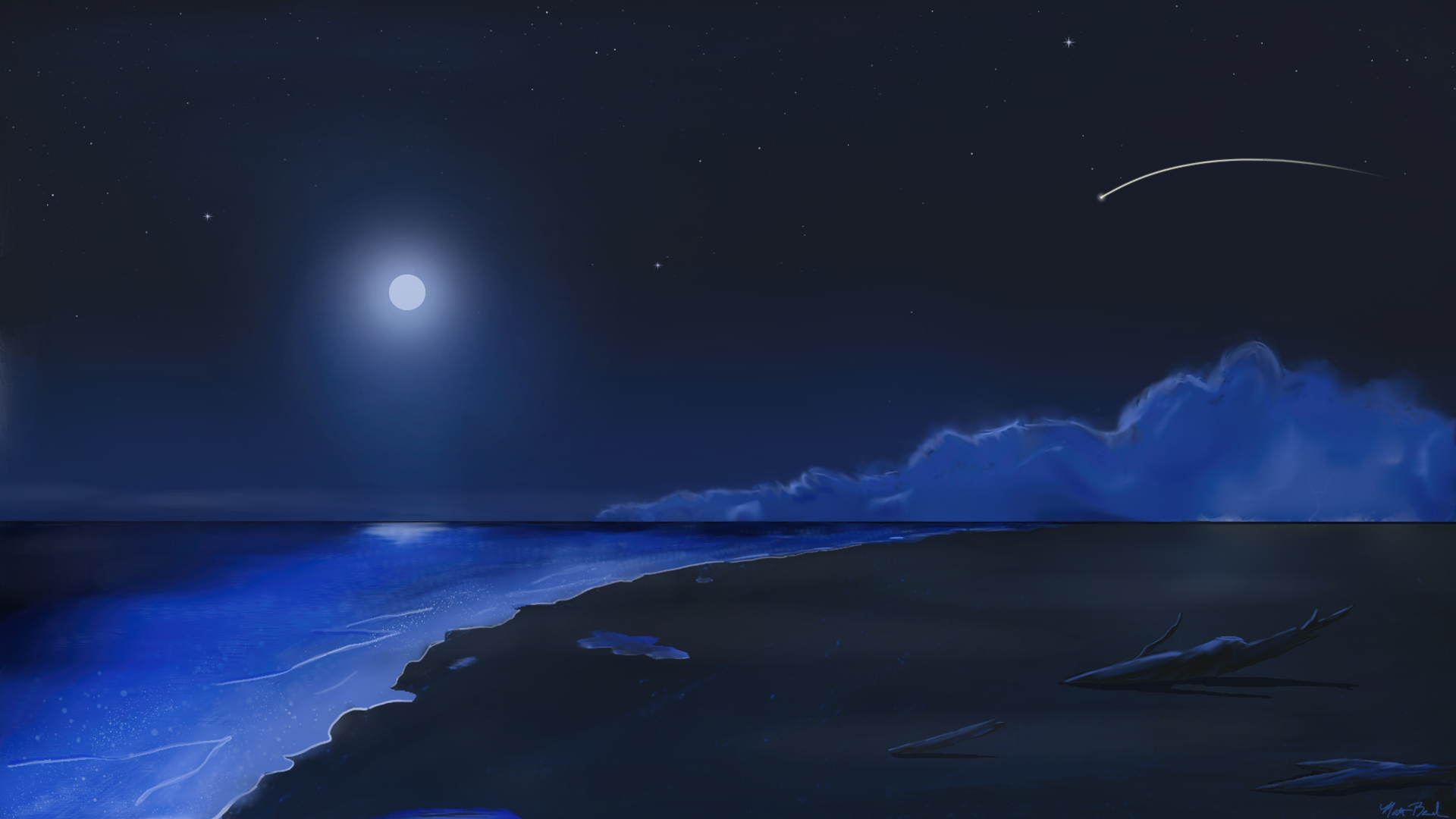Digital Art Ocean View Night Shooting Stars Beach Landscape Moonlight 1920x1080