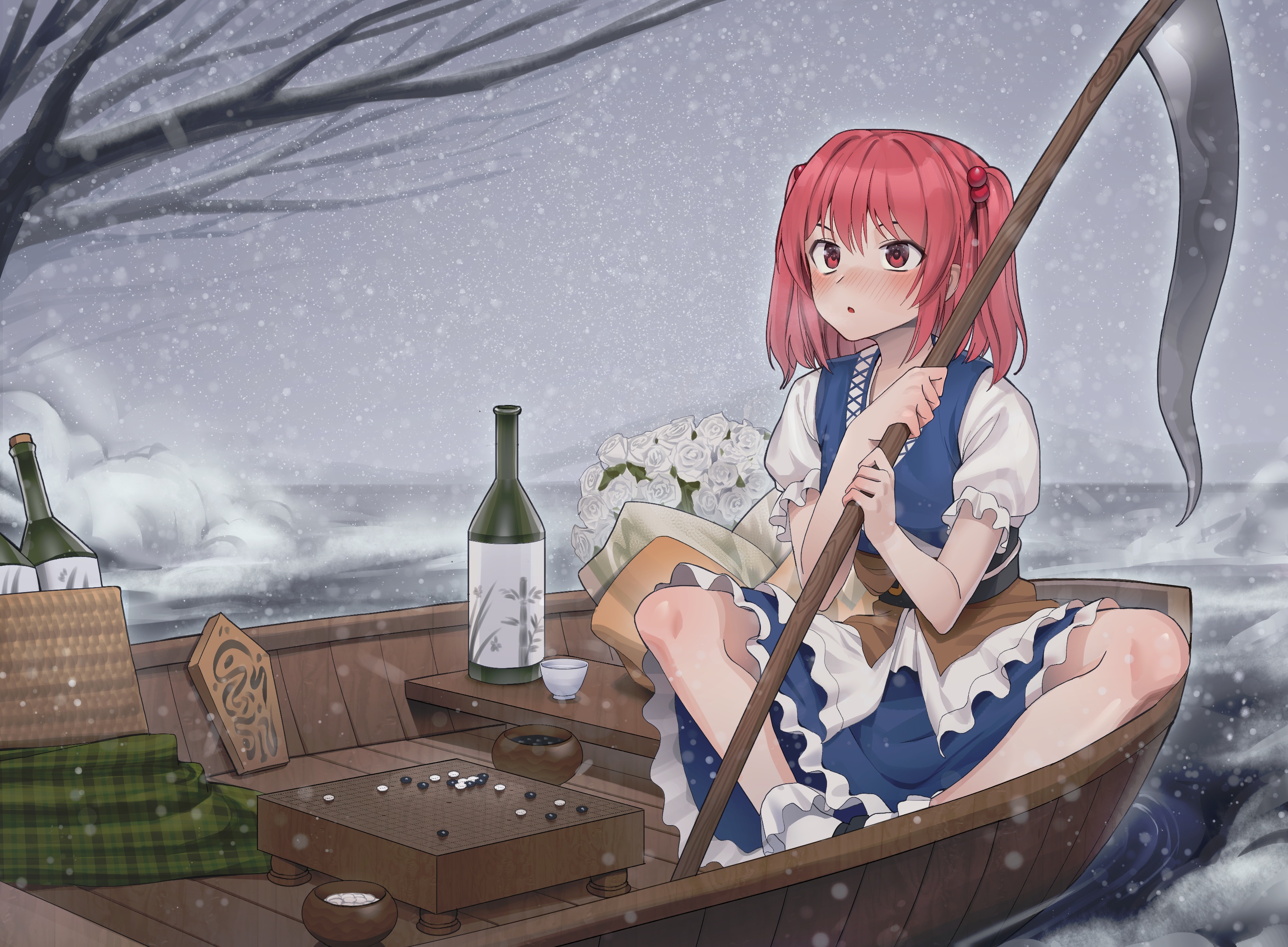 Anime Anime Girls Goback Artwork Touhou Onozuka Komachi Redhead Red Eyes Dress Scythe 3118x2292