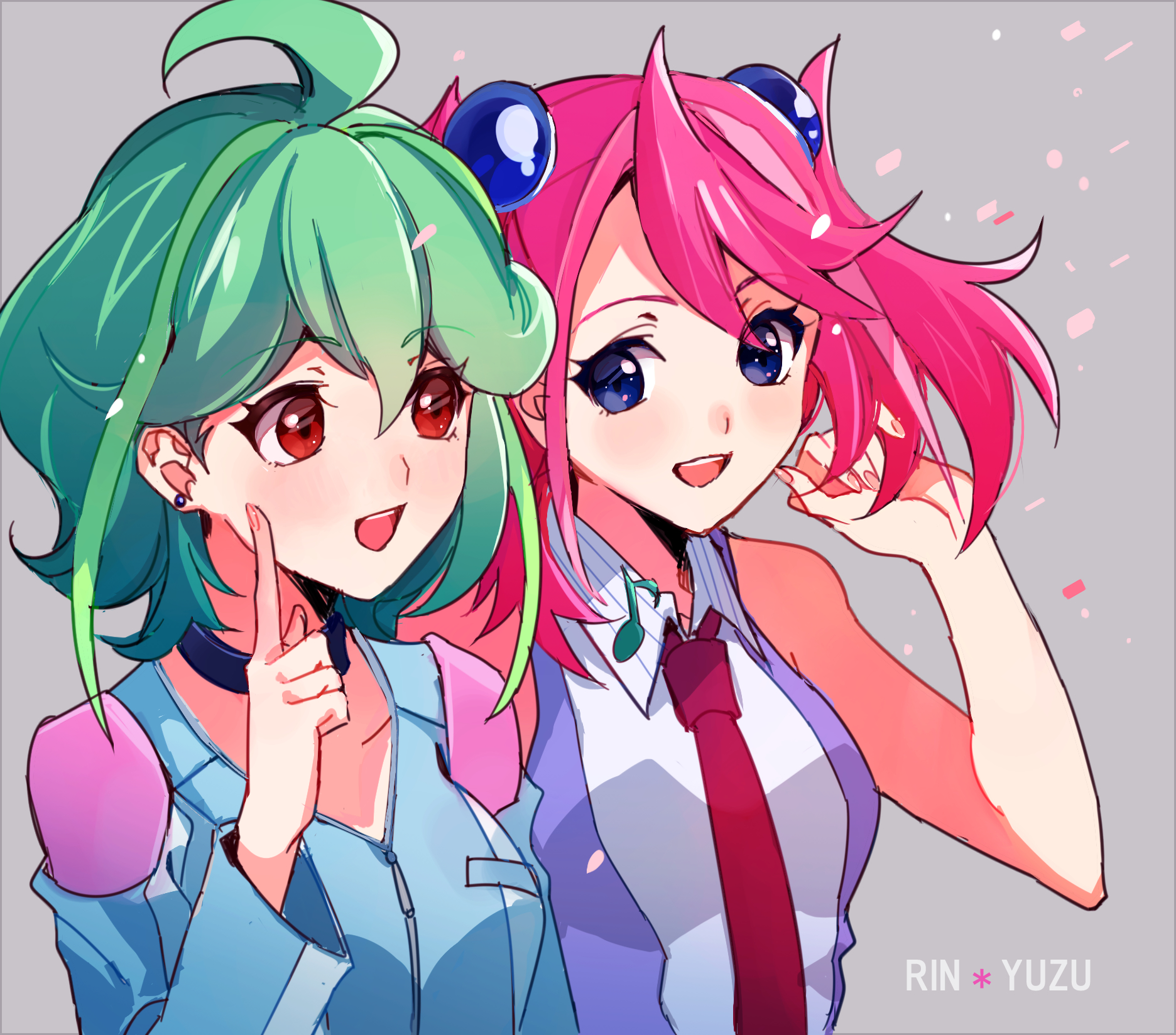 Anime Anime Girls Yu Gi Oh Yu Gi Oh ARC V Hiiragi Yuzu Rin Yu Gi Oh Pink Hair Green Hair Twintails A 1872x1648