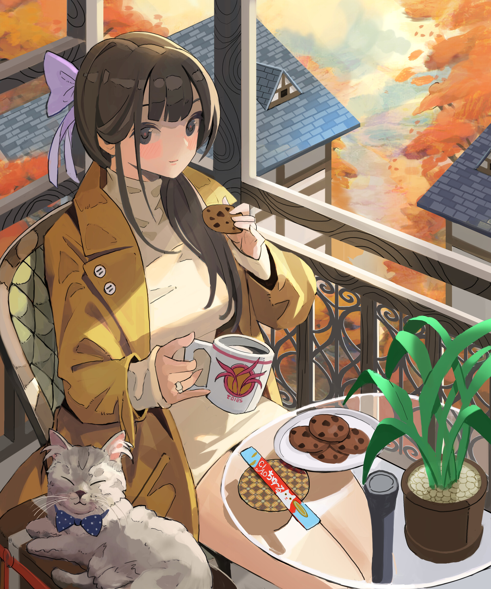 Aruana Sick Anime Girls Anime Brunette Women Food Cookies Cup Cats Sitting Long Hair 1920x2304