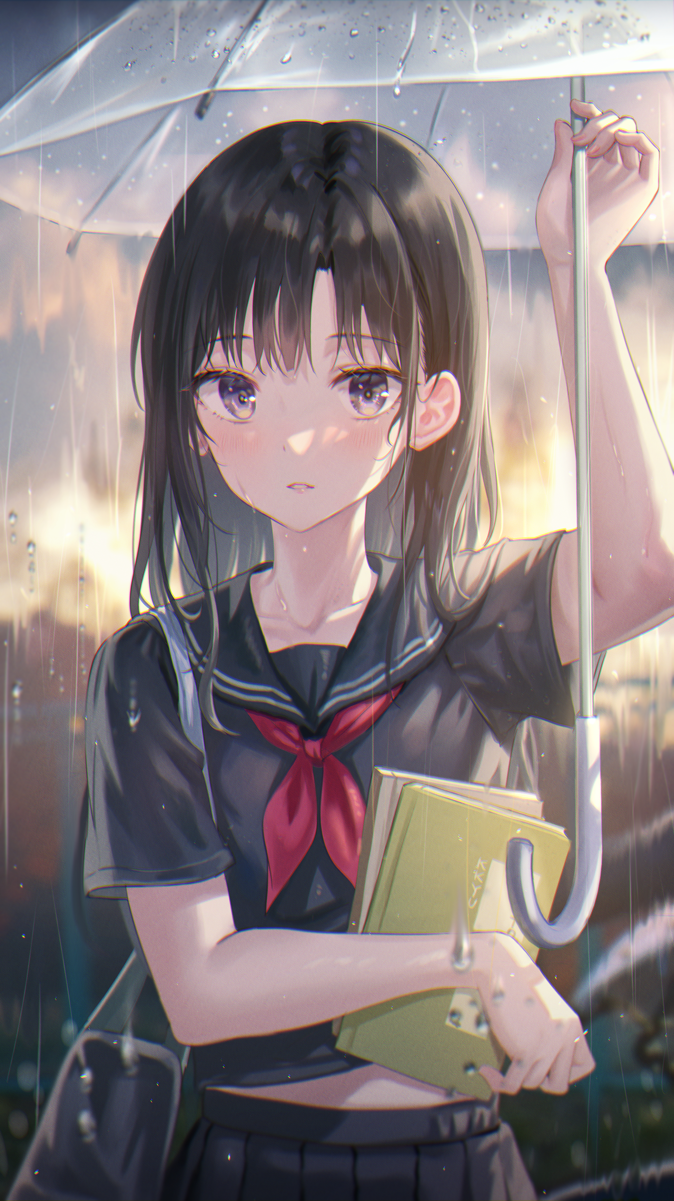 Anime Anime Girls Tokkyu Artista Artwork Rain Umbrella Dark Hair School Uniform 2185x3893