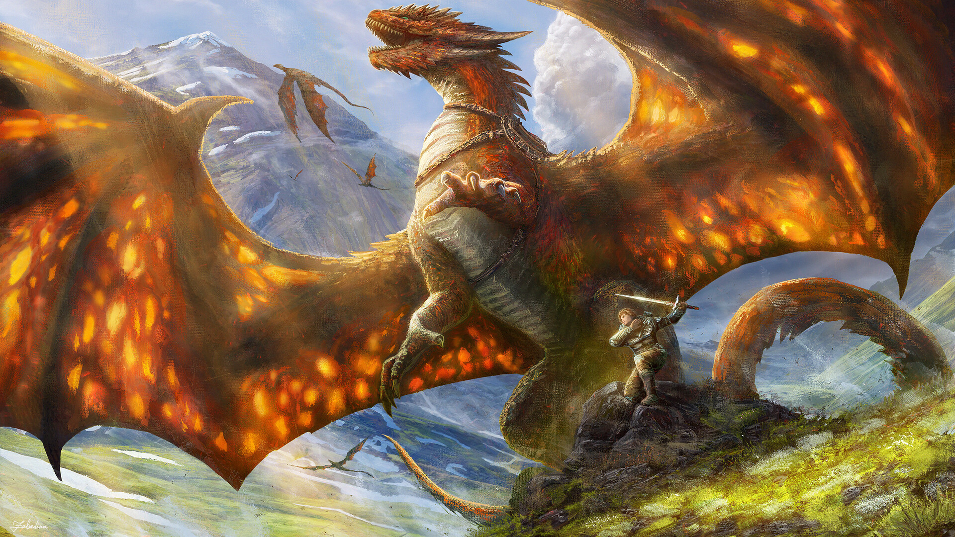 Yuliya Zabelina Digital Art Fantasy Art Dragon Warrior Sword Saddles Creature Wings Artwork ArtStati 1920x1080