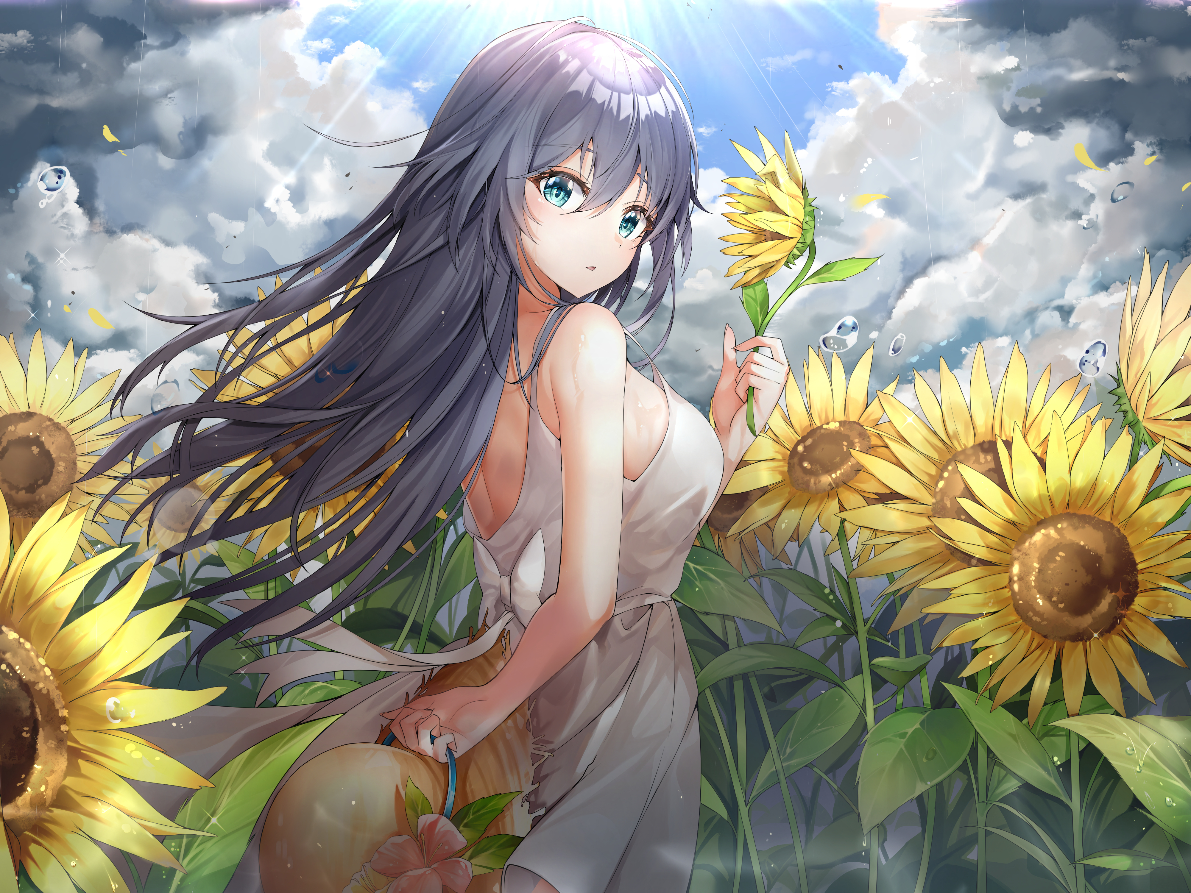 Honkai Impact Summer Dress Long Hair Sunflowers White Dress Black Hair 4000x3000