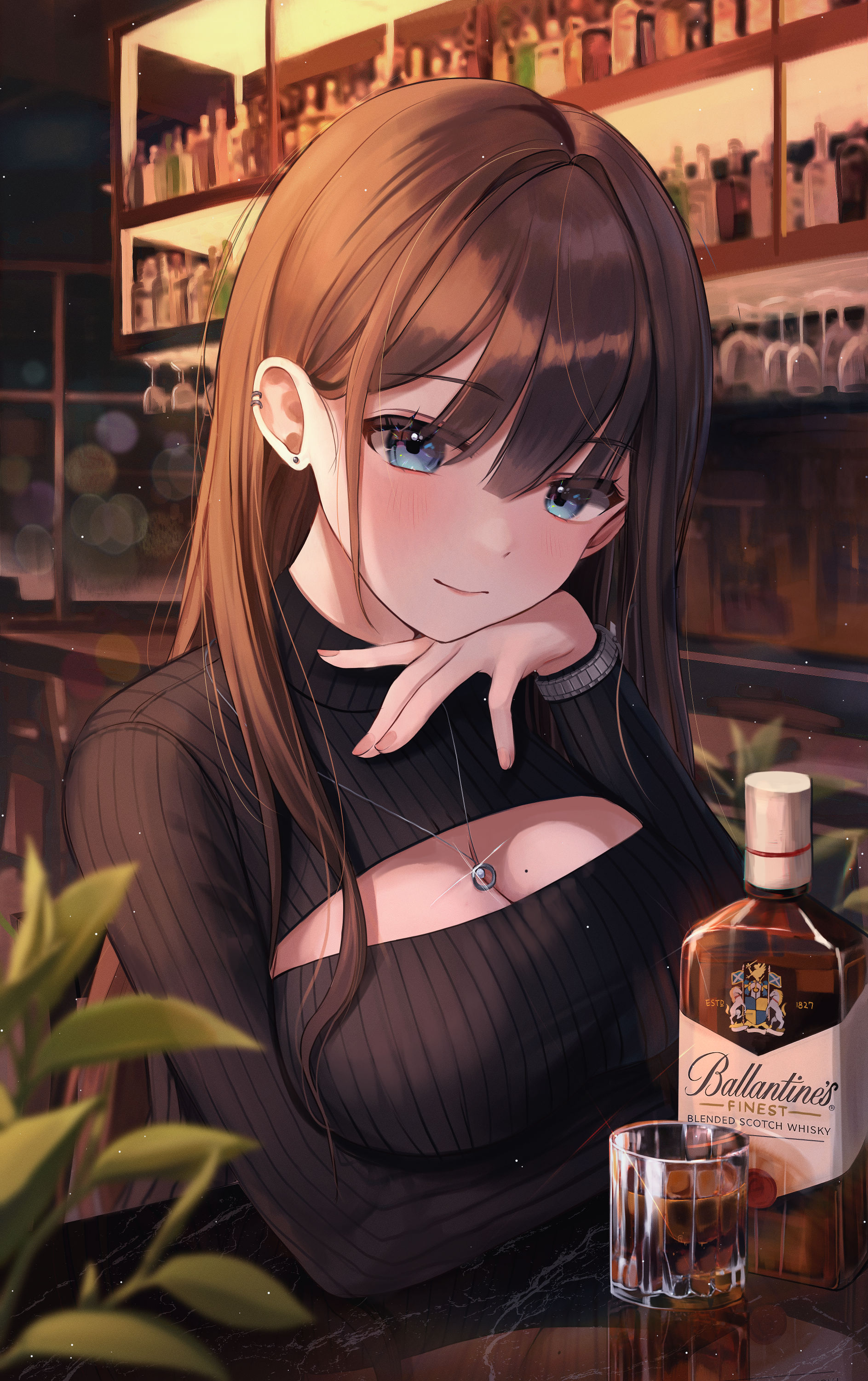 Anime Anime Girls Whisky Digital Art Turtleneck Sweater Restaurant Brunette 1887x3000