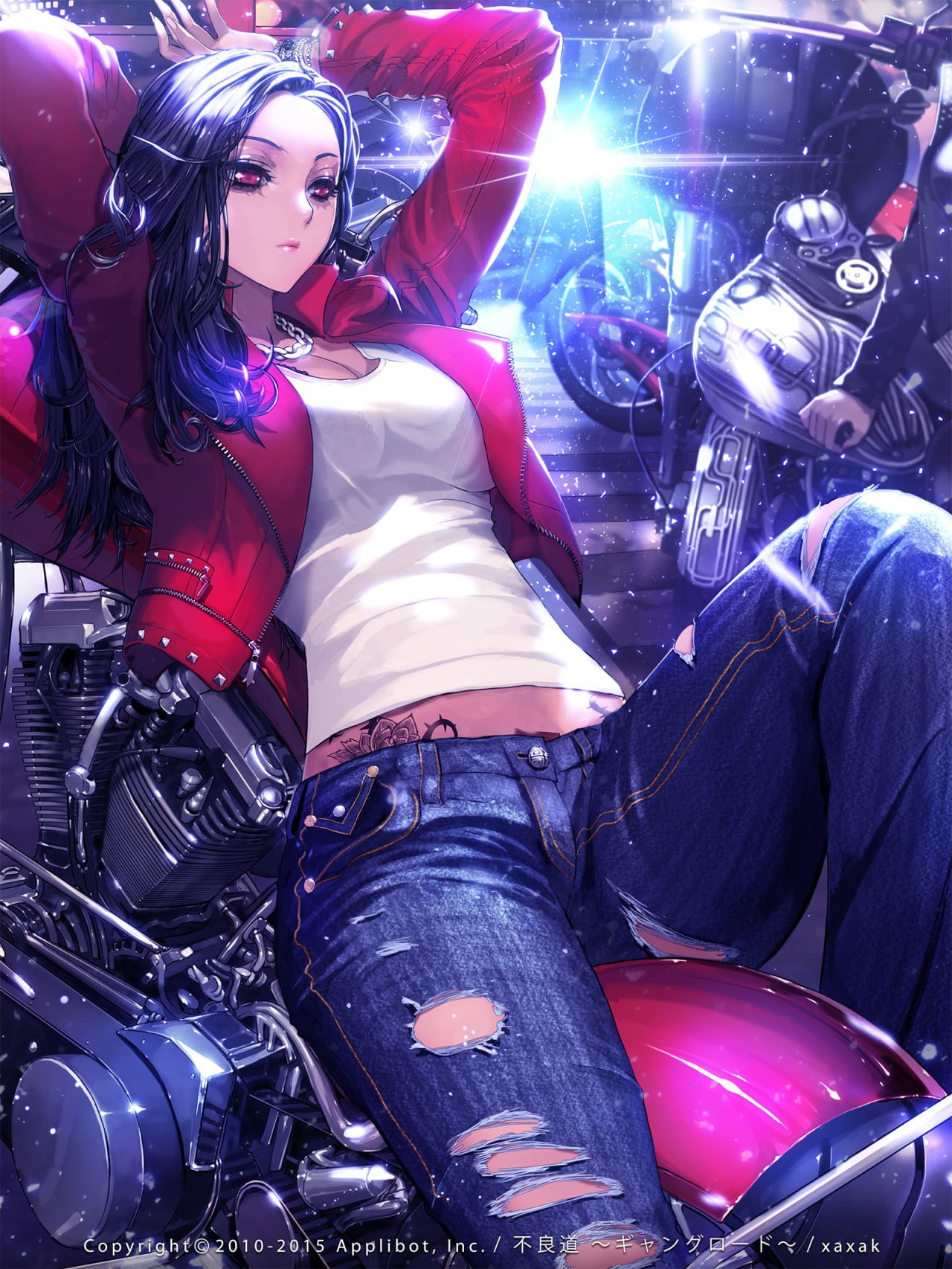 Anime Anime Girls Artwork Xaxak Furyou Michi Gang Road Dark Hair Red Eyes Jeans Lying On Back Motorc 1280x1706