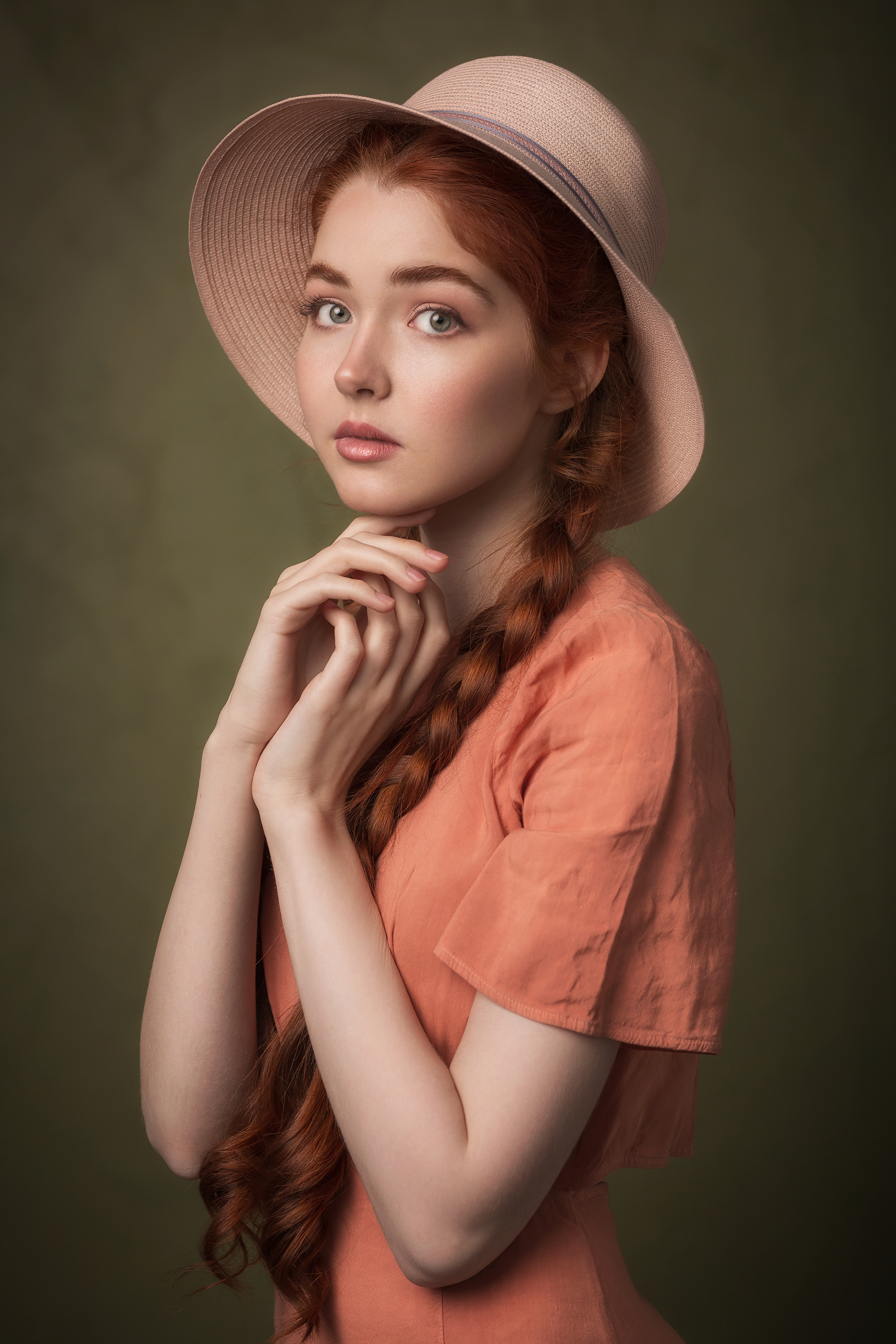 Sergey Satulo Women Hat Redhead Braids Pink Clothing Simple Background Looking At Viewer Model Braid 1667x2500