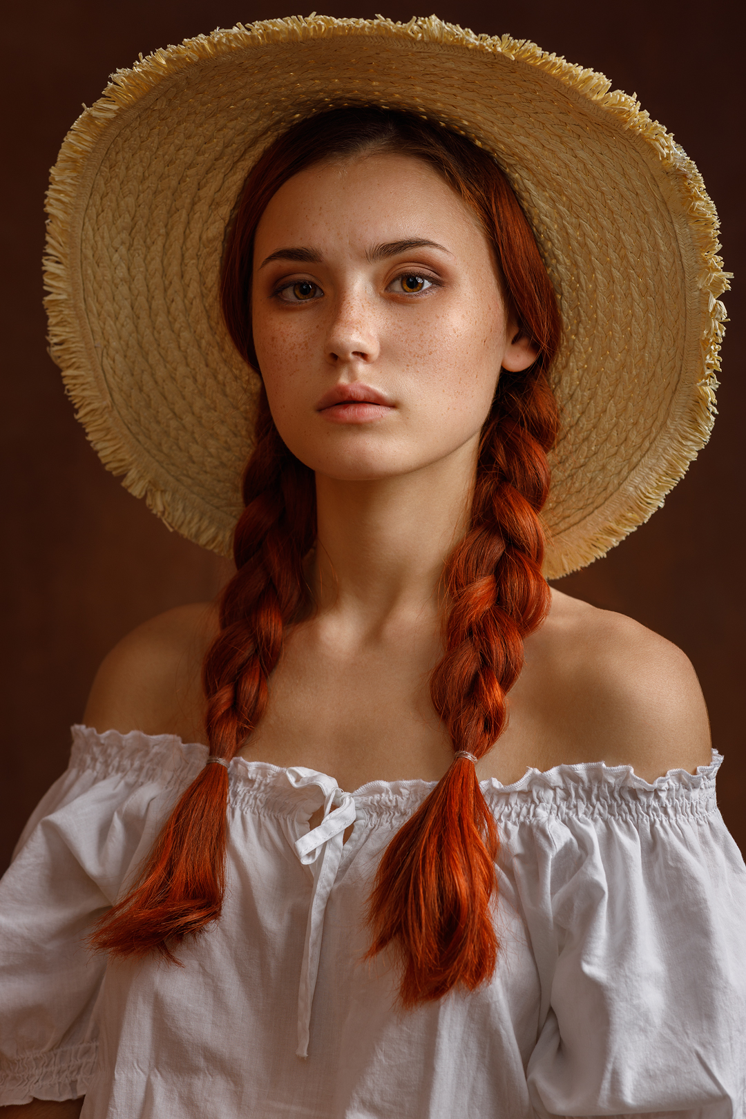 Sergey Sergeev Women Nadezhda Tretyakova Hat Straw Hat Redhead Long Hair Braids Twintails Bare Shoul 1080x1620