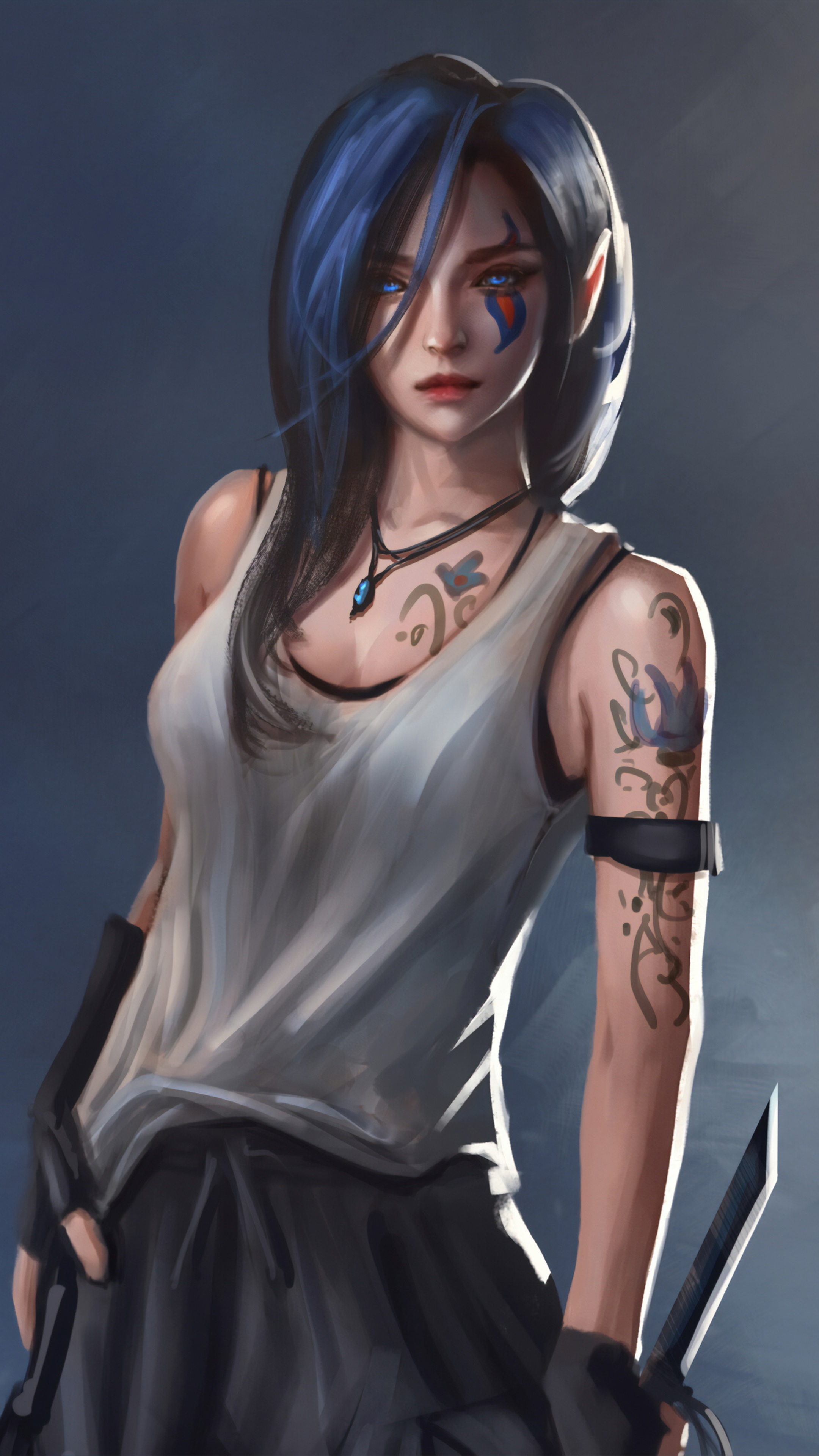 Artwork Fantasy Art Women Blue Hair Tattoo Blue Eyes Elf Ears Wallpaper Resolution2160x3840 