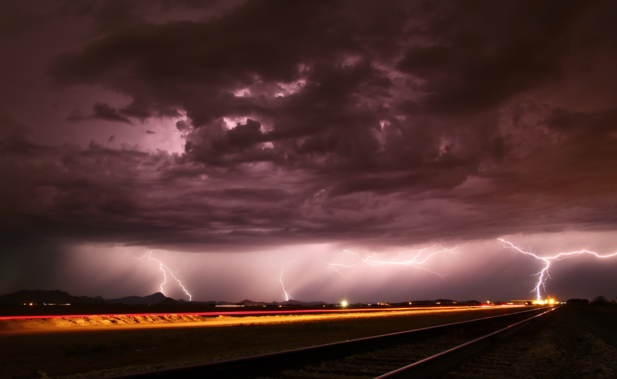 Cloud Lightning Night Railroad Storm 2048x1259