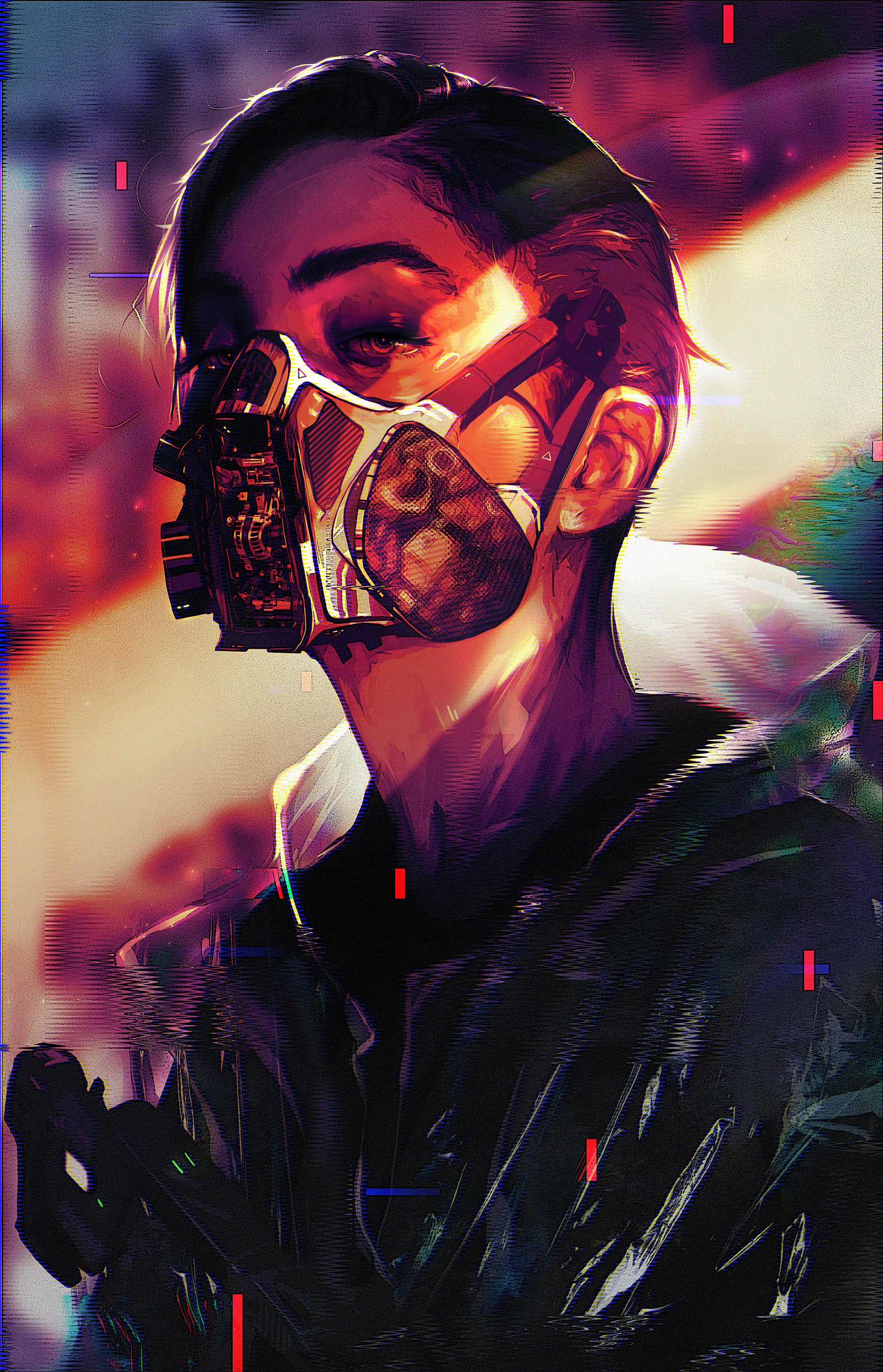 Rashed AlAkroka Glitch Art Looking At Viewer Mask Vertical Girls With Guns Drawing Cyberpunk Digital 2000x3109
