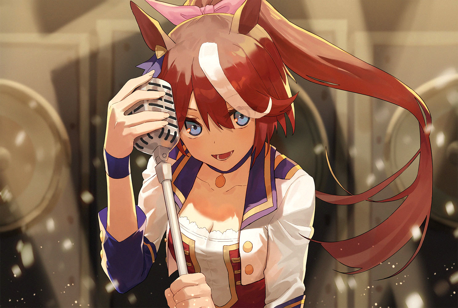 Uma Musume Pretty Derby Singing Microphone Ponytail Bicolored Hair Bangs Looking At Viewer Standing  1487x1000