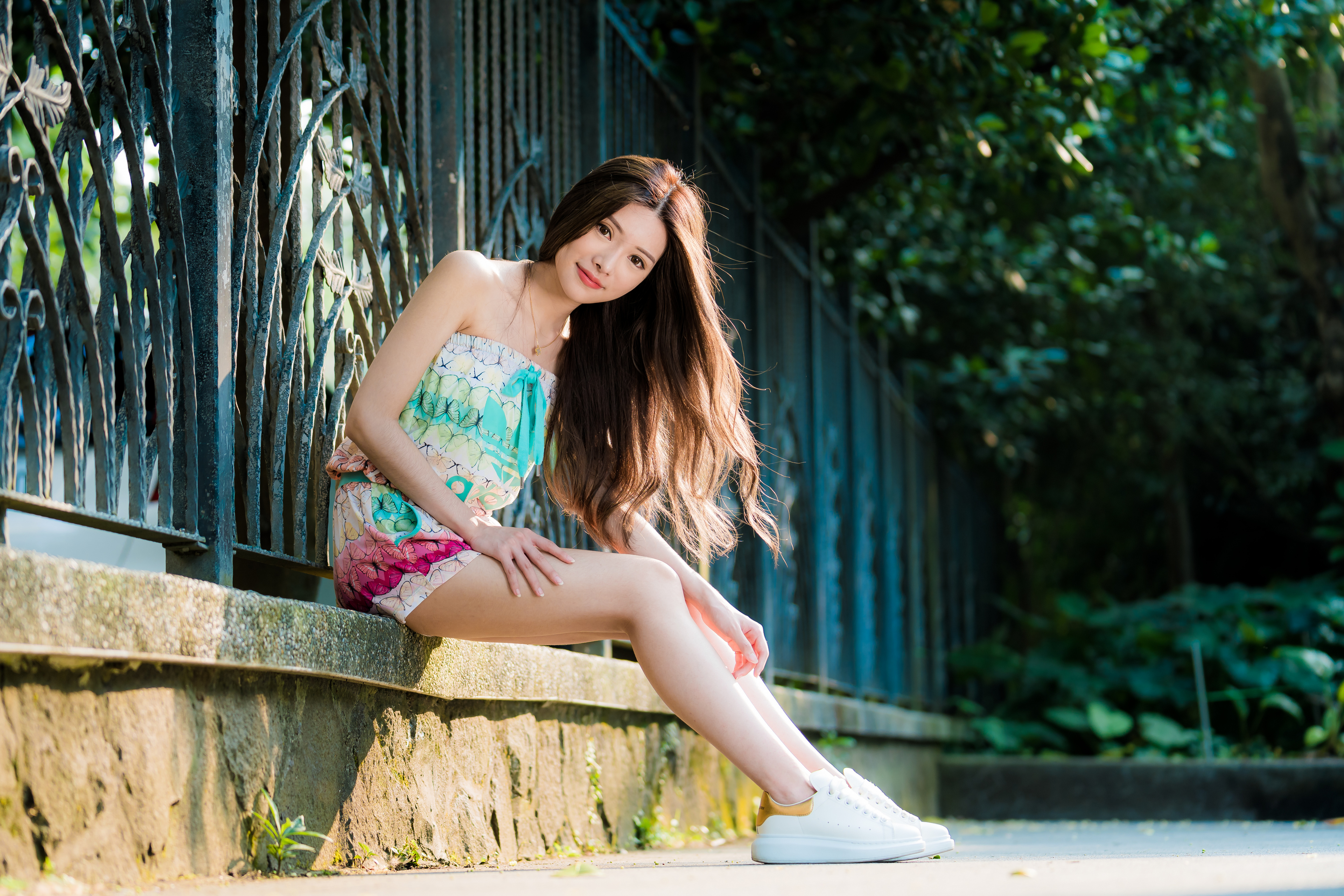 Asian Model Women Long Hair Dark Hair Sitting Leaning Fence Shorts Shirt Necklace 3840x2562
