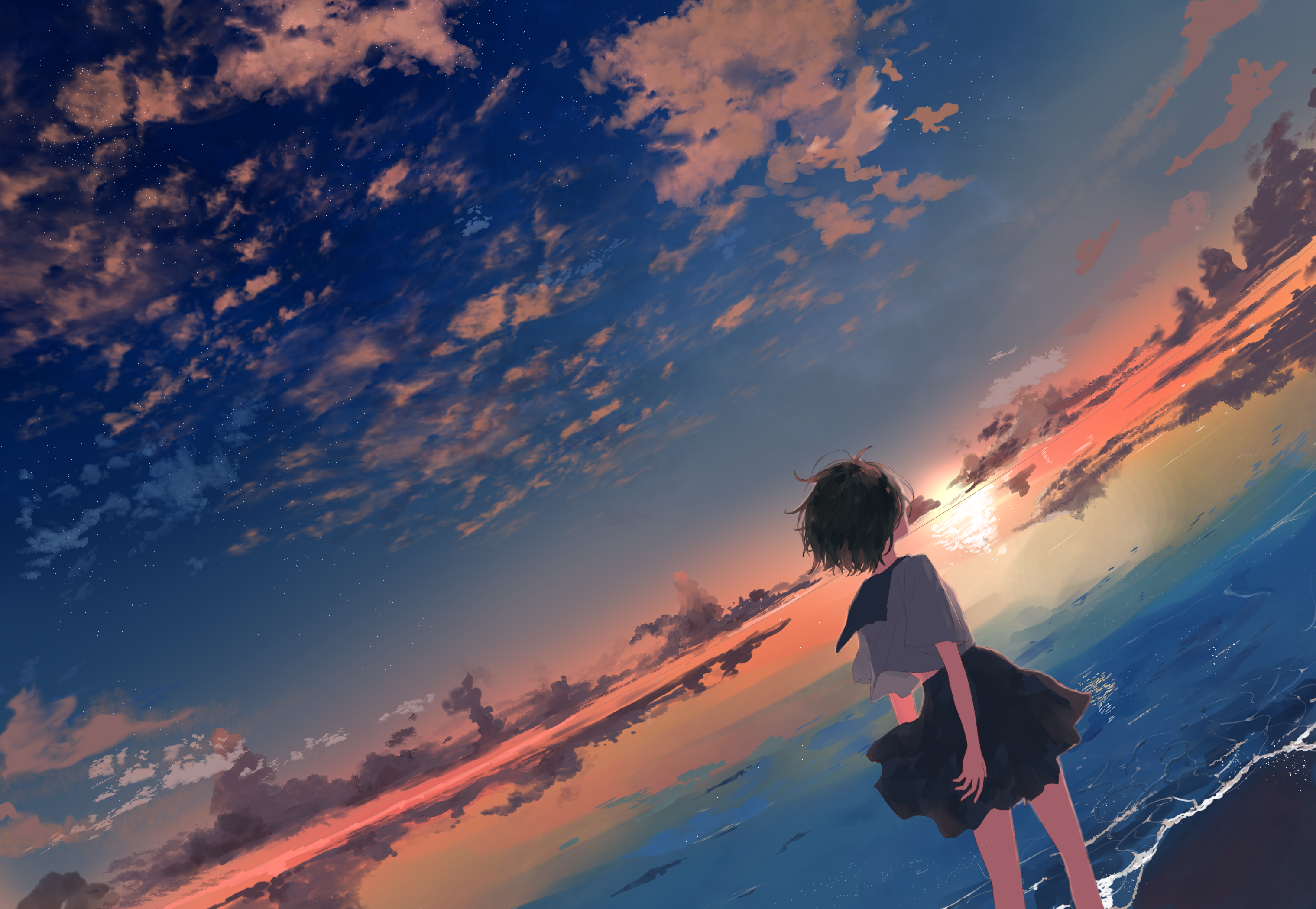 Anime Anime Girls Sky Sunset Beach School Uniform Short Hair 3038x2099