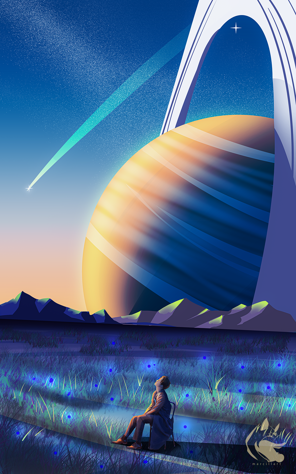 Planetary Rings Planet Mountains Sitting Grass Shooting Stars Sunset 1200x1920