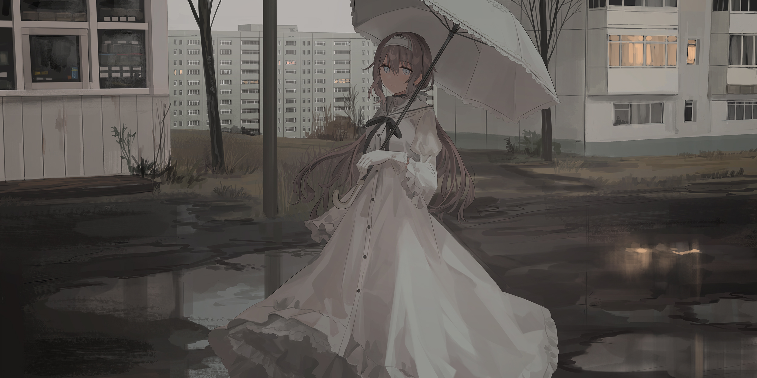 Girl Puddle Umbrella White Dress 2500x1250