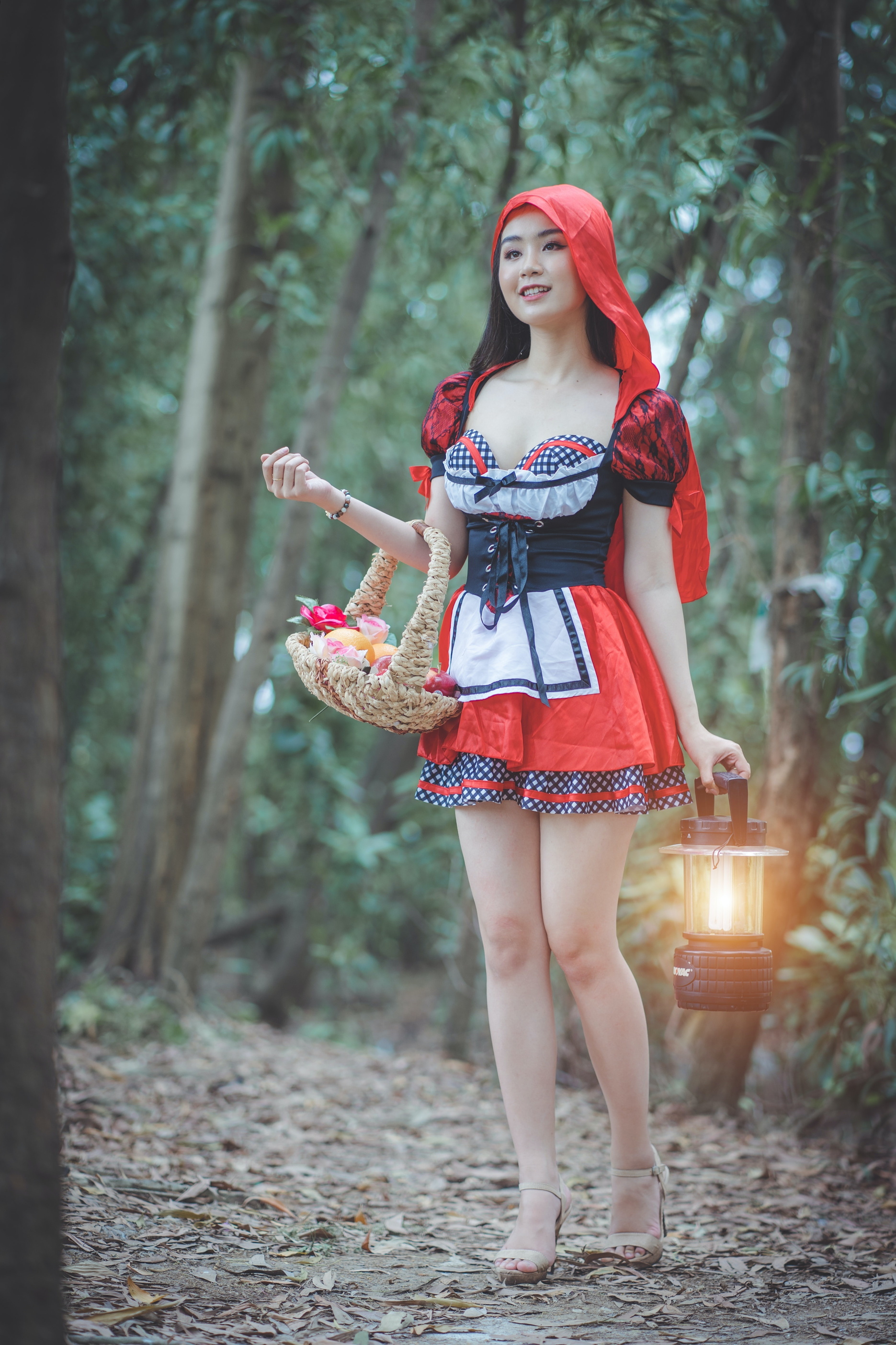 Asian Model Women Long Hair Dark Hair Depth Of Field Red Riding Hood Baskets Forest Trees Lantern Ba 1871x2807