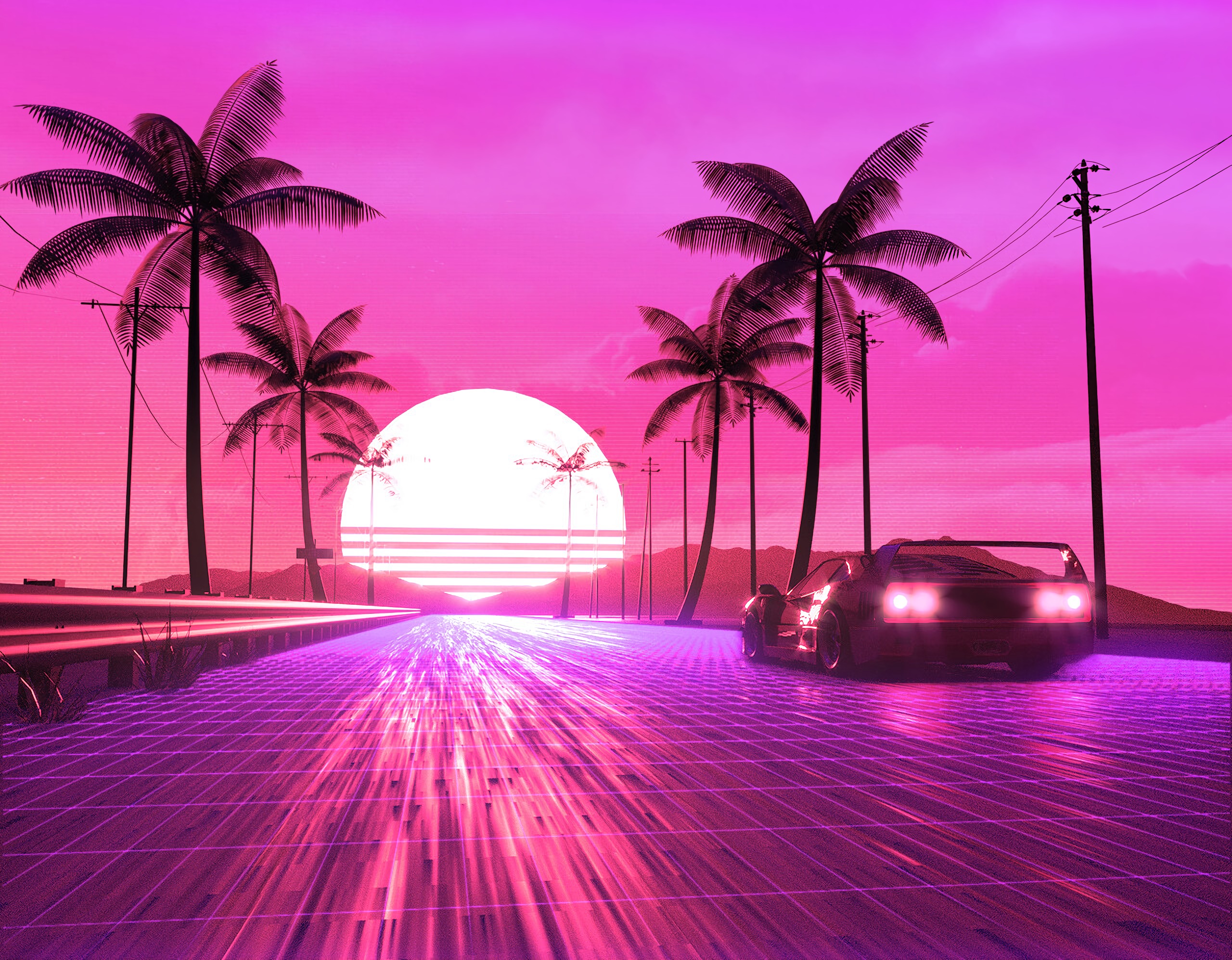 Digital Art Pink Sun Car Palm Tree 2560x1994