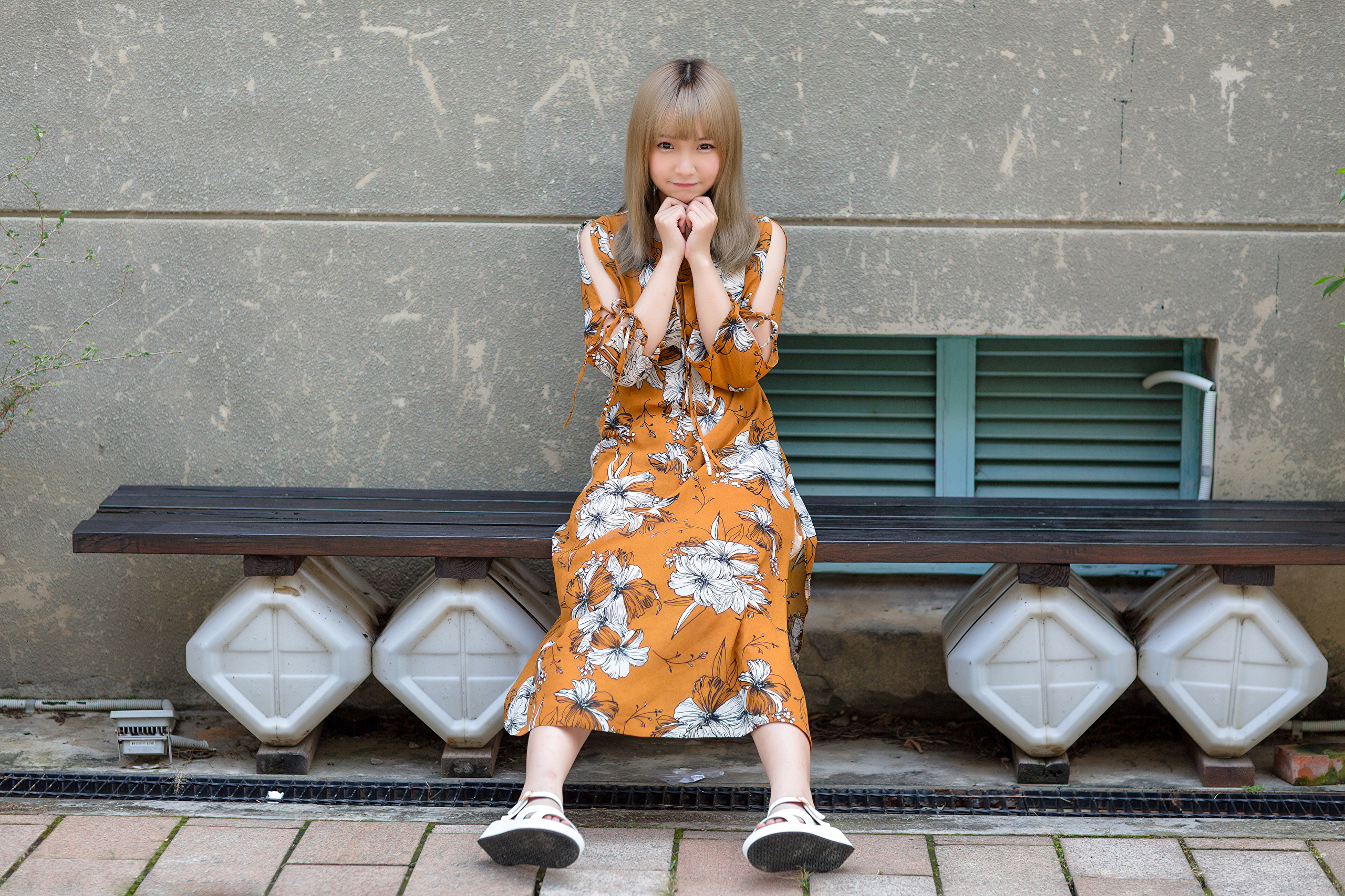 Asian Model Women Long Hair Brunette Flower Dress Sitting Bench Barefoot Sandal Wall Drains 2560x1706