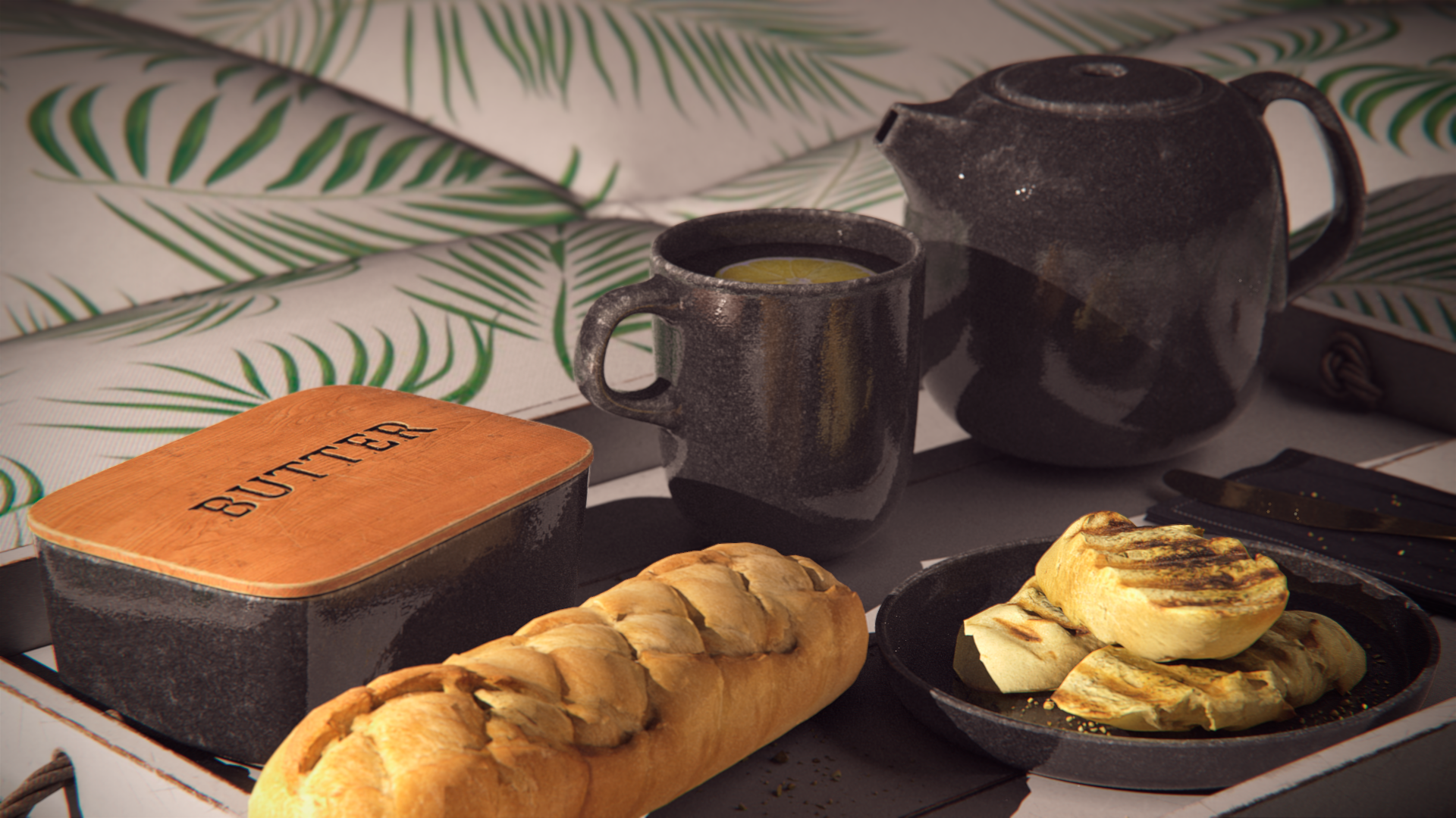 CGi Digital Art Render Rendering 3D Graphics Breakfast Bed Breakfast Tea Bread Food 1920x1080