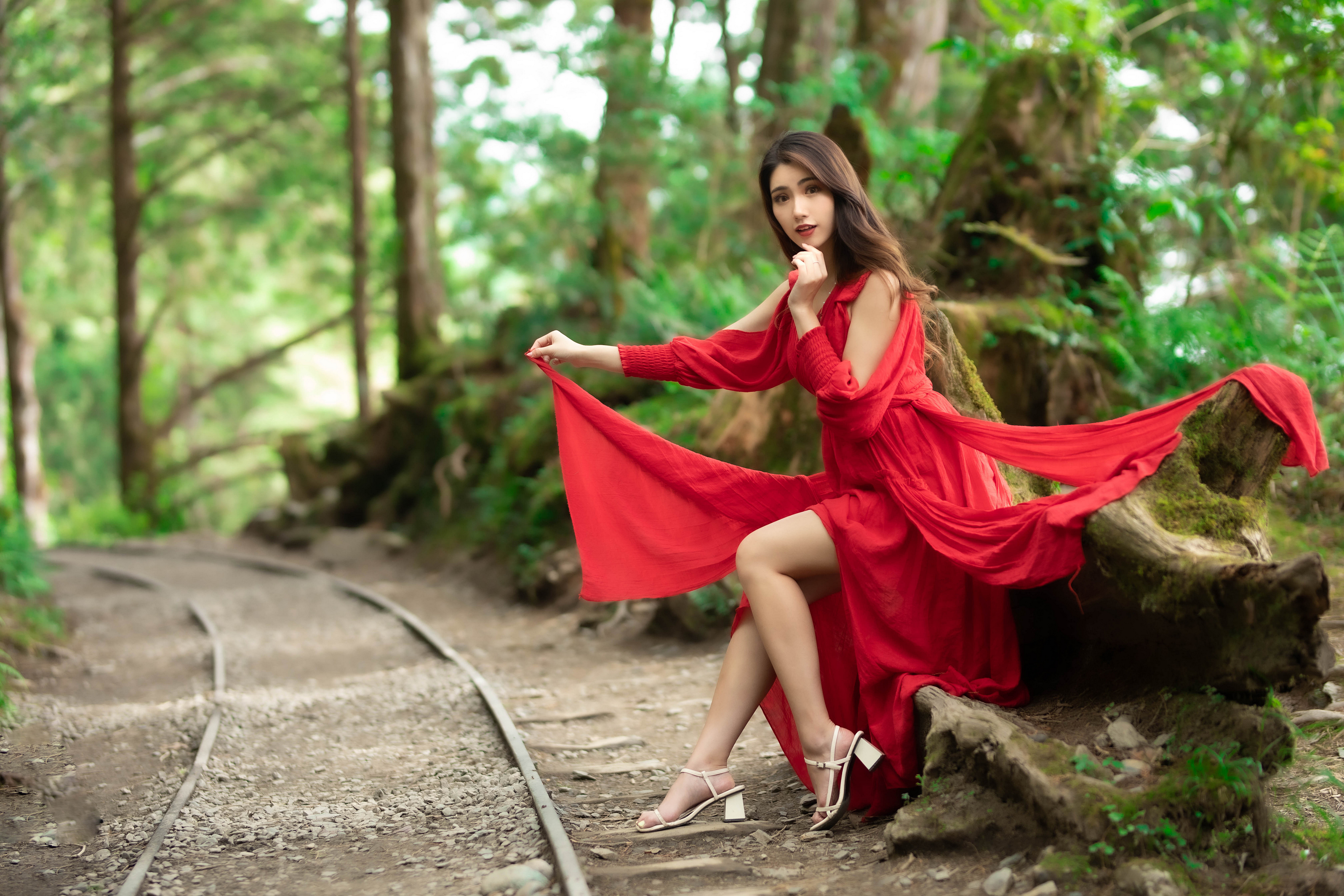 Asian Model Women Long Hair Dark Hair Red Dress Trees Depth Of Field Barefoot Sandal Railway Log Sit 3840x2560