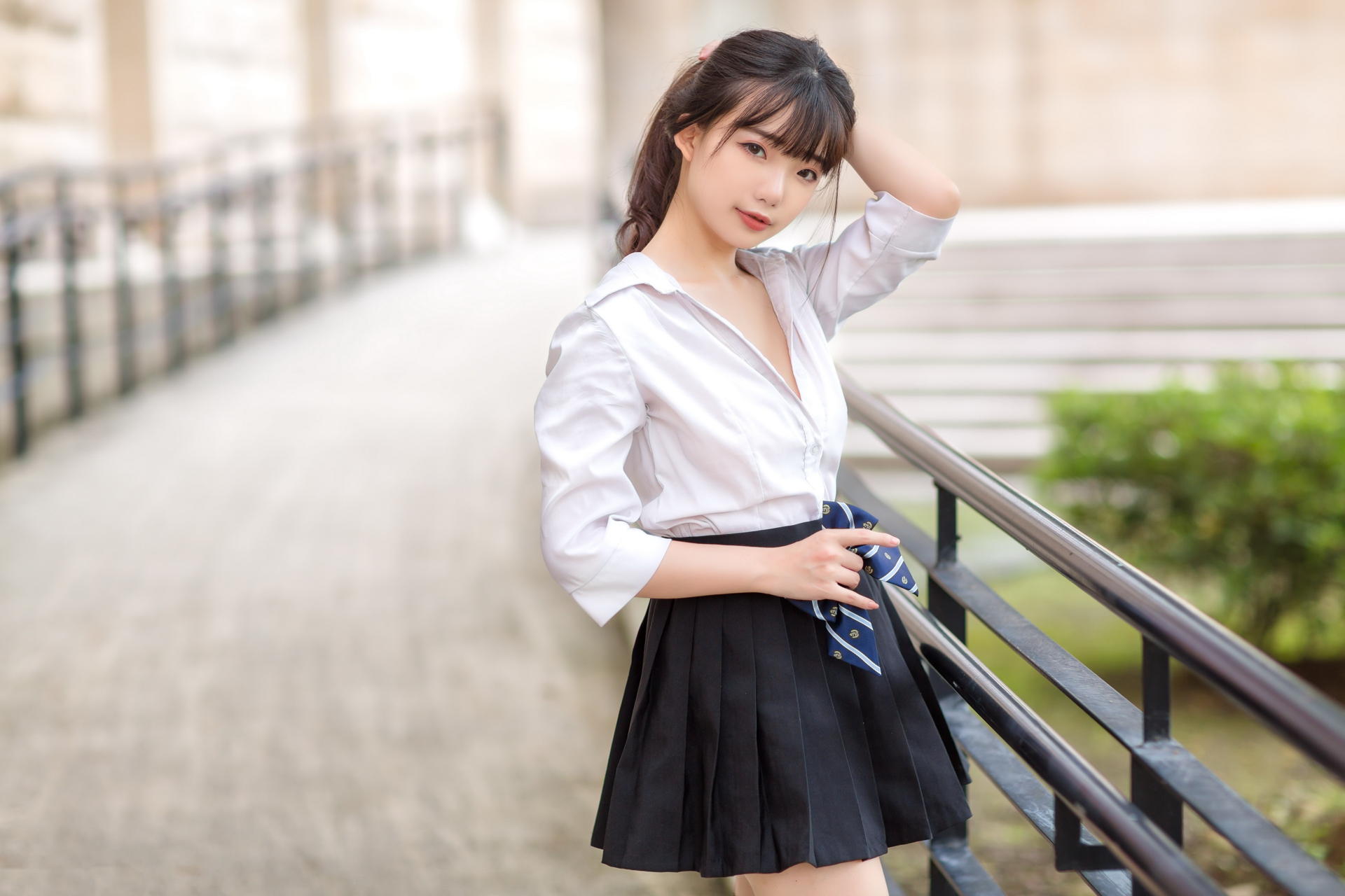 Asian Model Women Black Skirts White Blouse Depth Of Field Bushes Railings Ponytail Ning Shioulin Ti 1920x1280