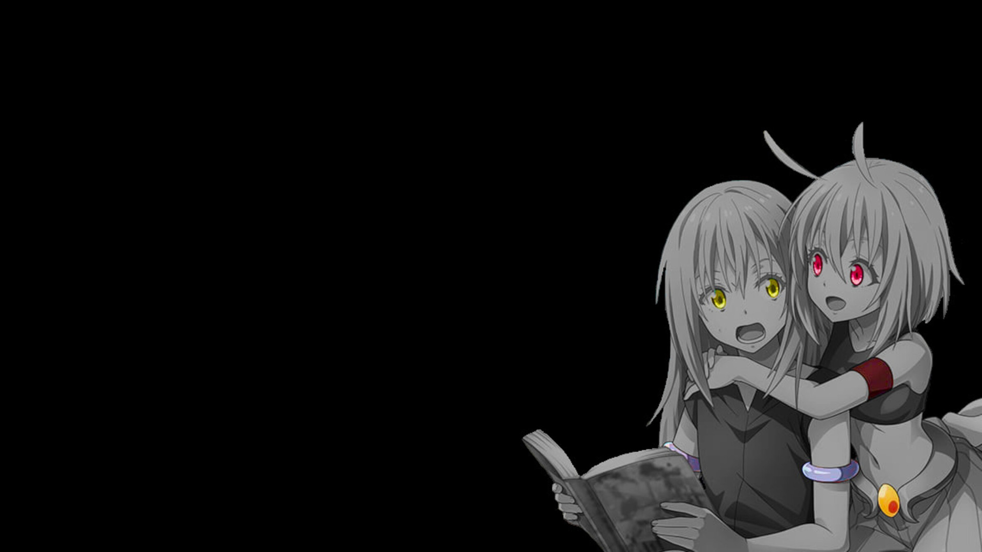 Monochrome Selective Coloring Anime Girls Anime Yellow Eyes Red Eyes Two Women Books Open Mouth Simp 1920x1080