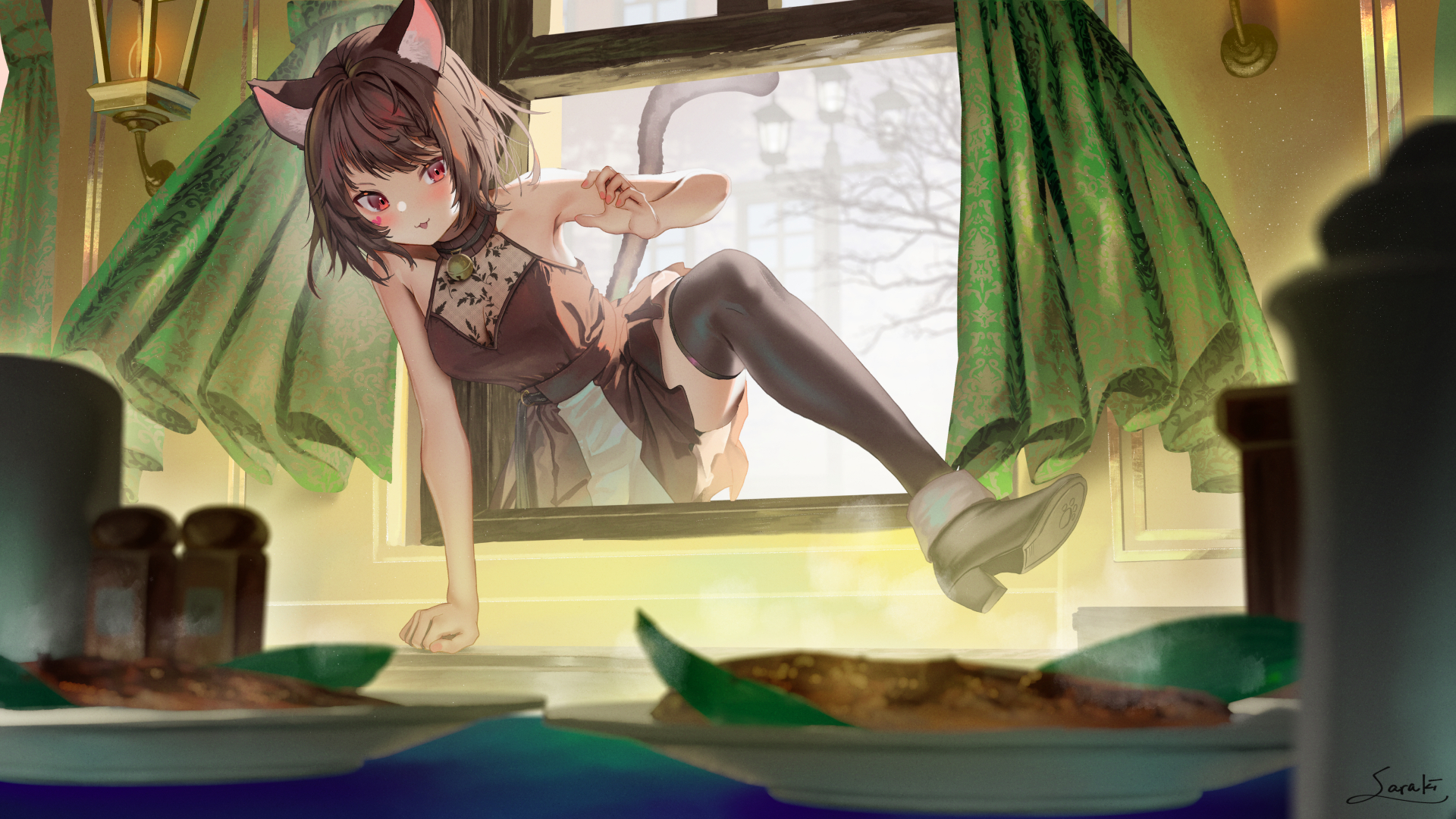 Anime Anime Girls Saraki Artwork Cat Girl Food Brunette Red Eyes Dress Thigh Highs 1920x1080