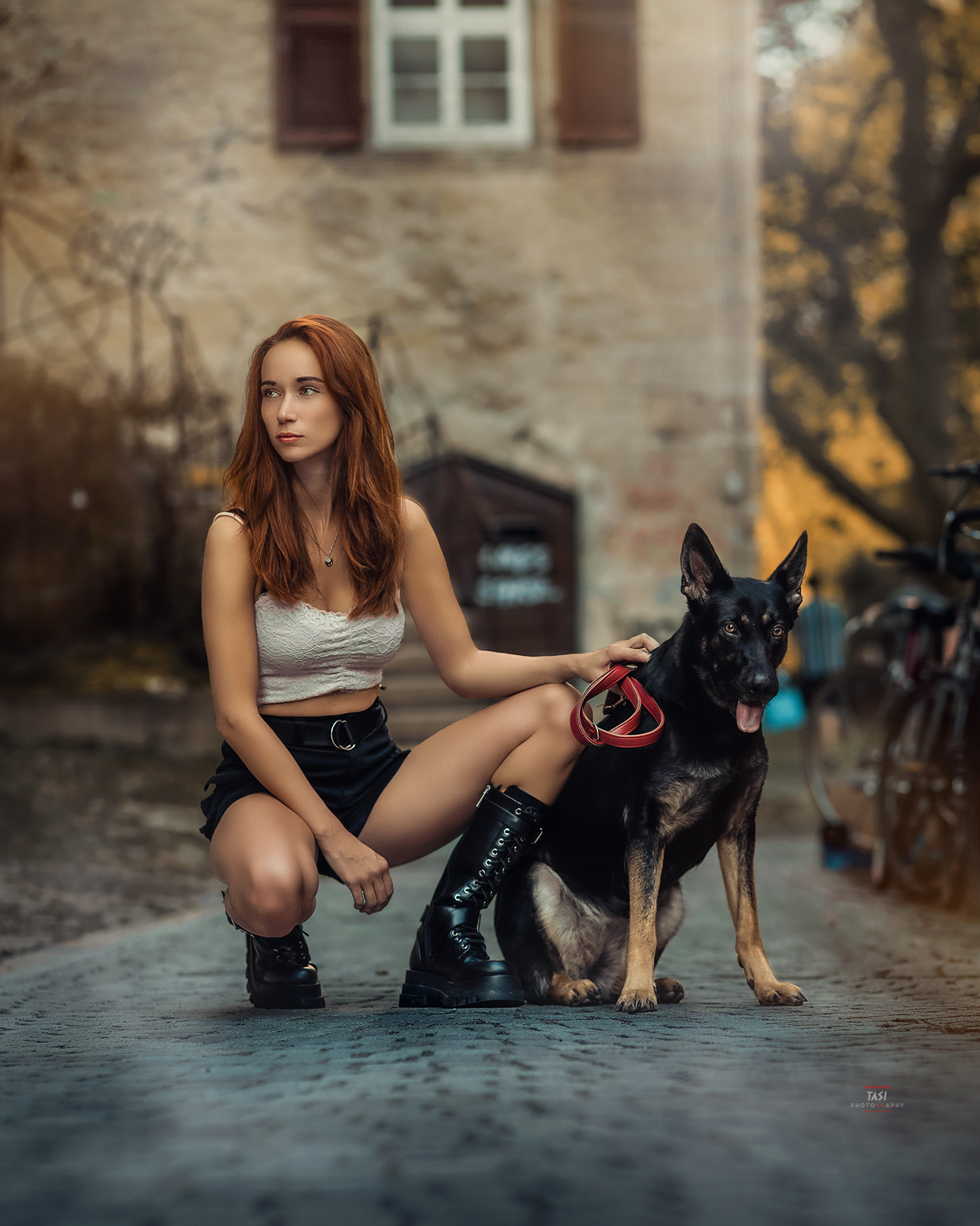 Tasos Ioannou Women Redhead Long Hair Looking Away Boots Animals Dog Outdoors 1440x1800