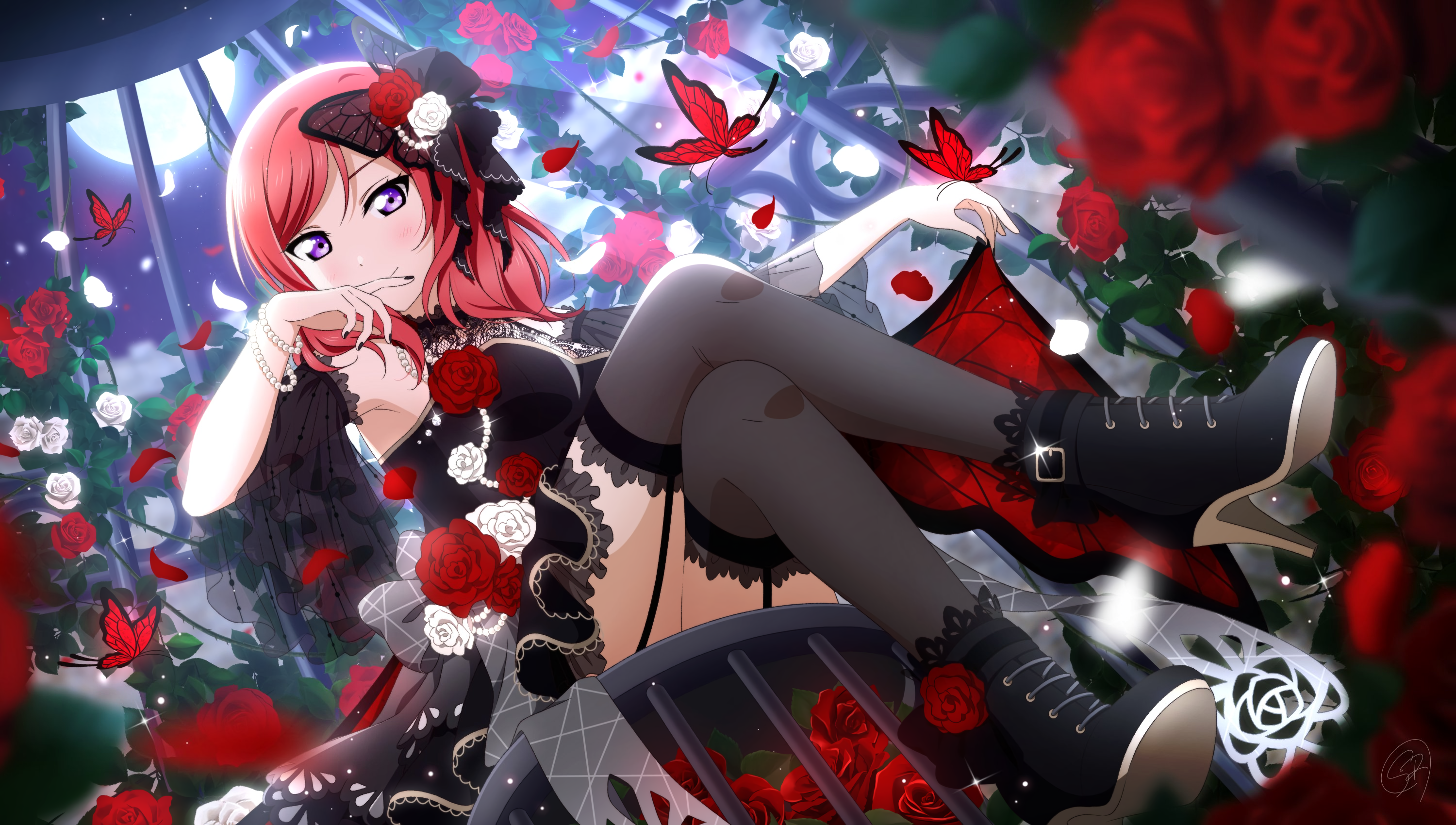 Anime Anime Girls Love Live Nishikino Maki Redhead Legs Flowers Butterfly Heels 3000x1700