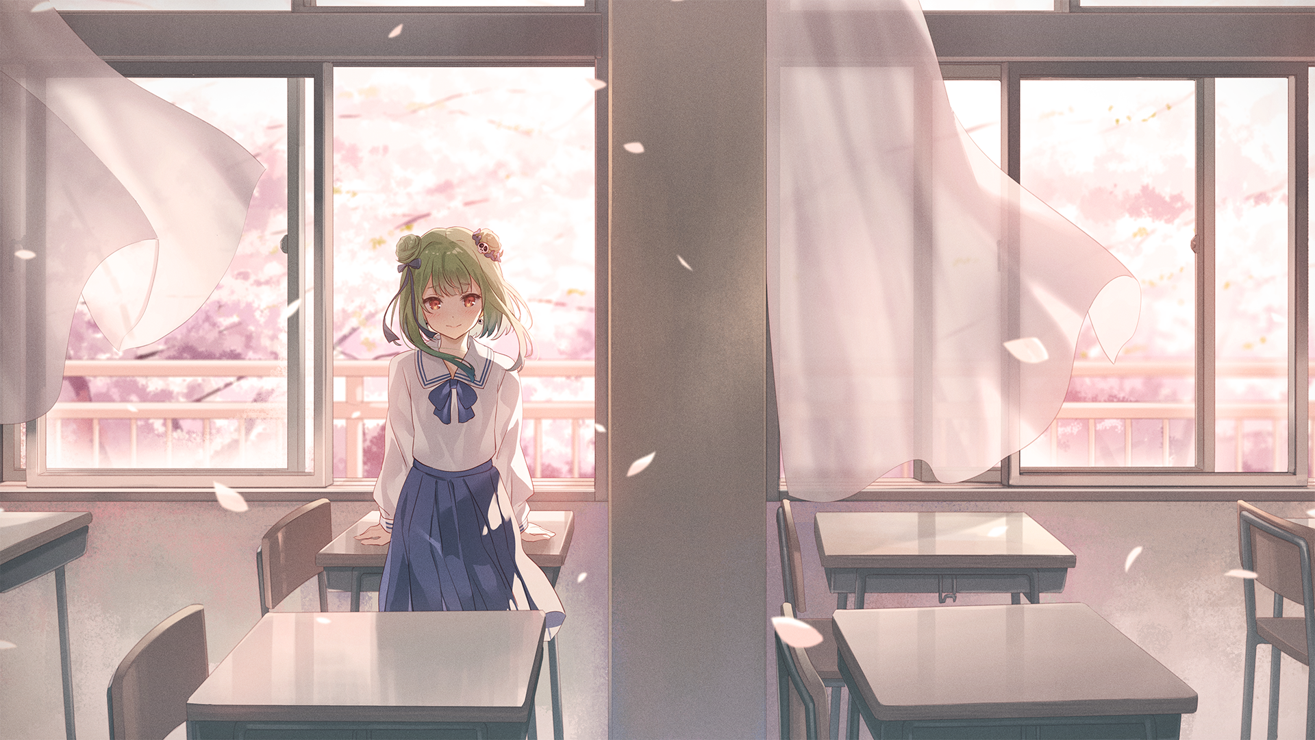 Uruha Rushia School Uniform Green Hair Windy Red Eyes Classroom Cherry Blossom Anime Girls Artwork N 1920x1080