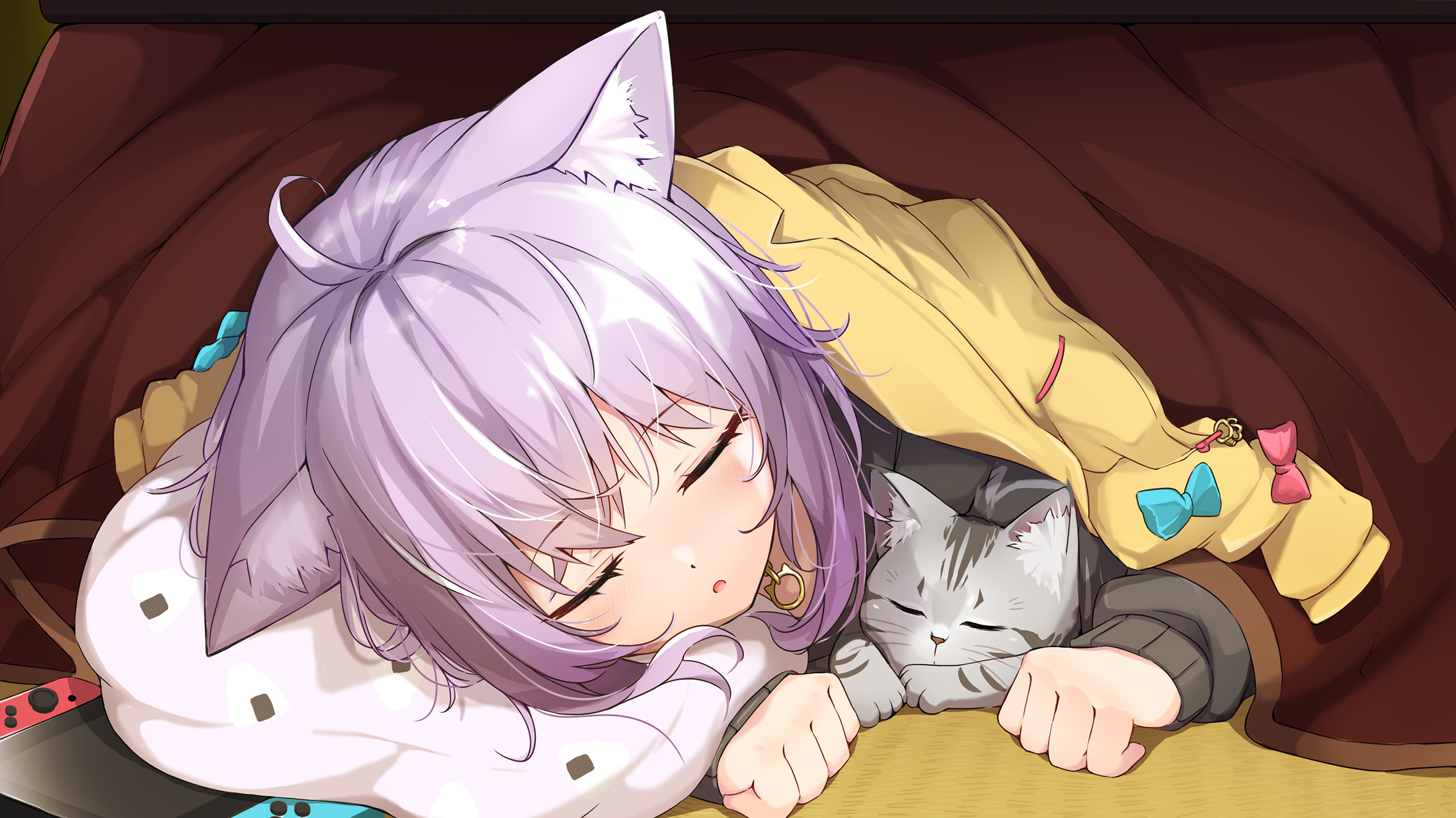 Hololive Nekomata Okayu Anime Girls Anime Sleeping Cats Animals Mammals Cat Girl Animal Ears Purple  2560x1440