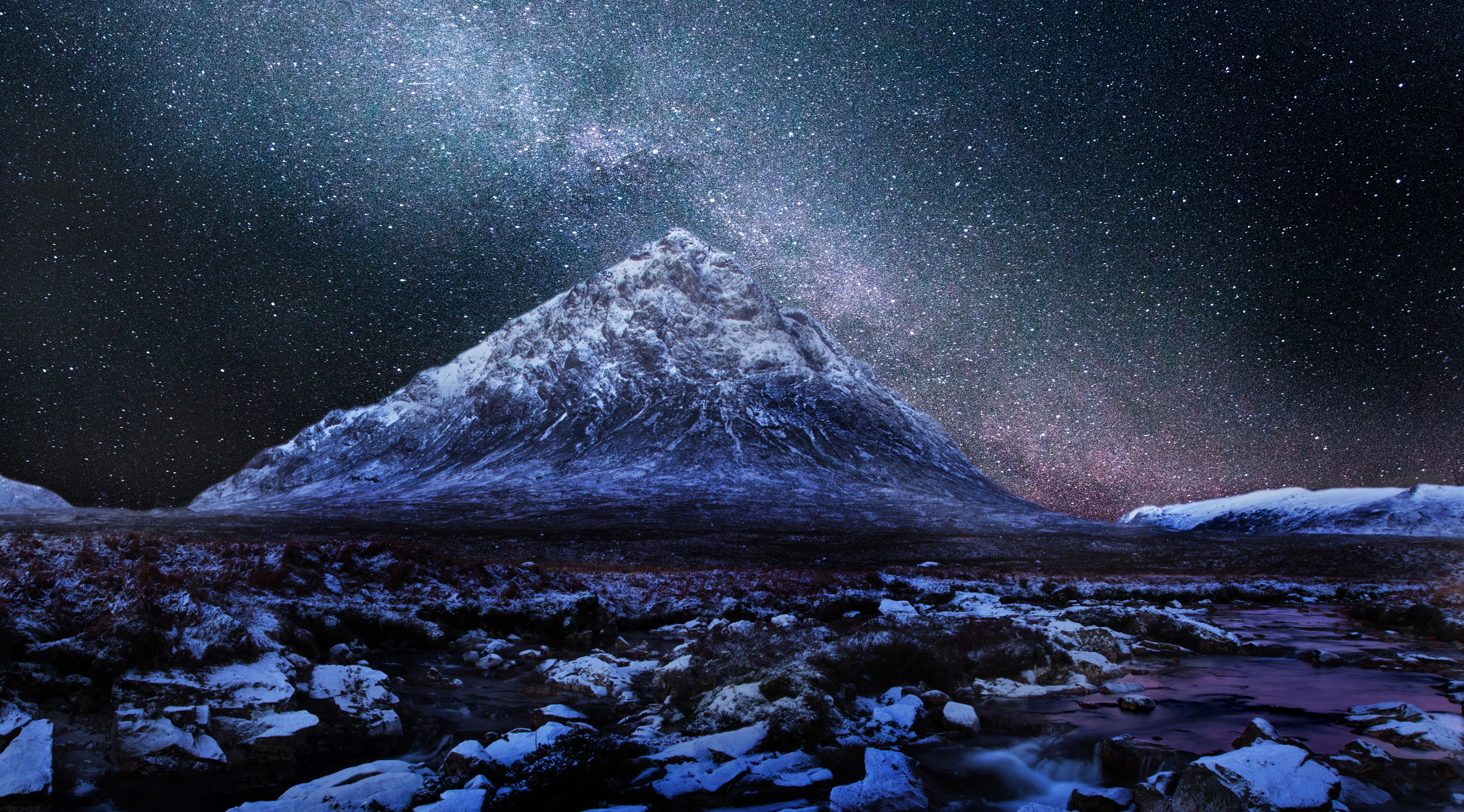Night Starry Sky Snow Mountain Stars 2560x1420