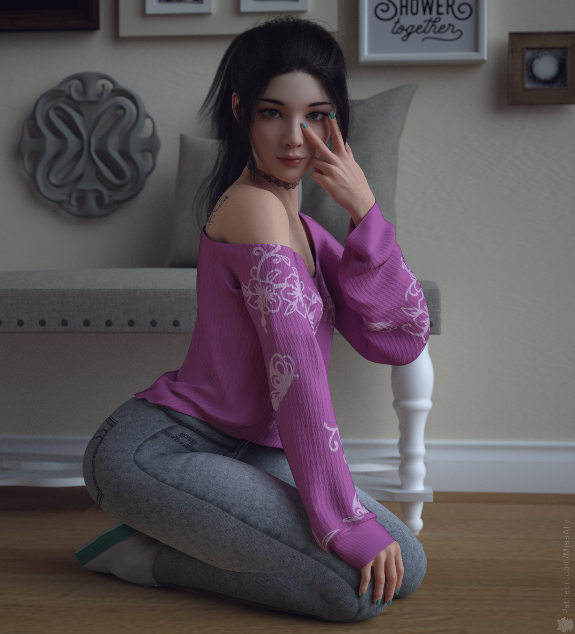 Miss Ally Original Characters Fictional Character Brunette Ponytail Sweater Jeans Bare Shoulders Cho 1994x2200