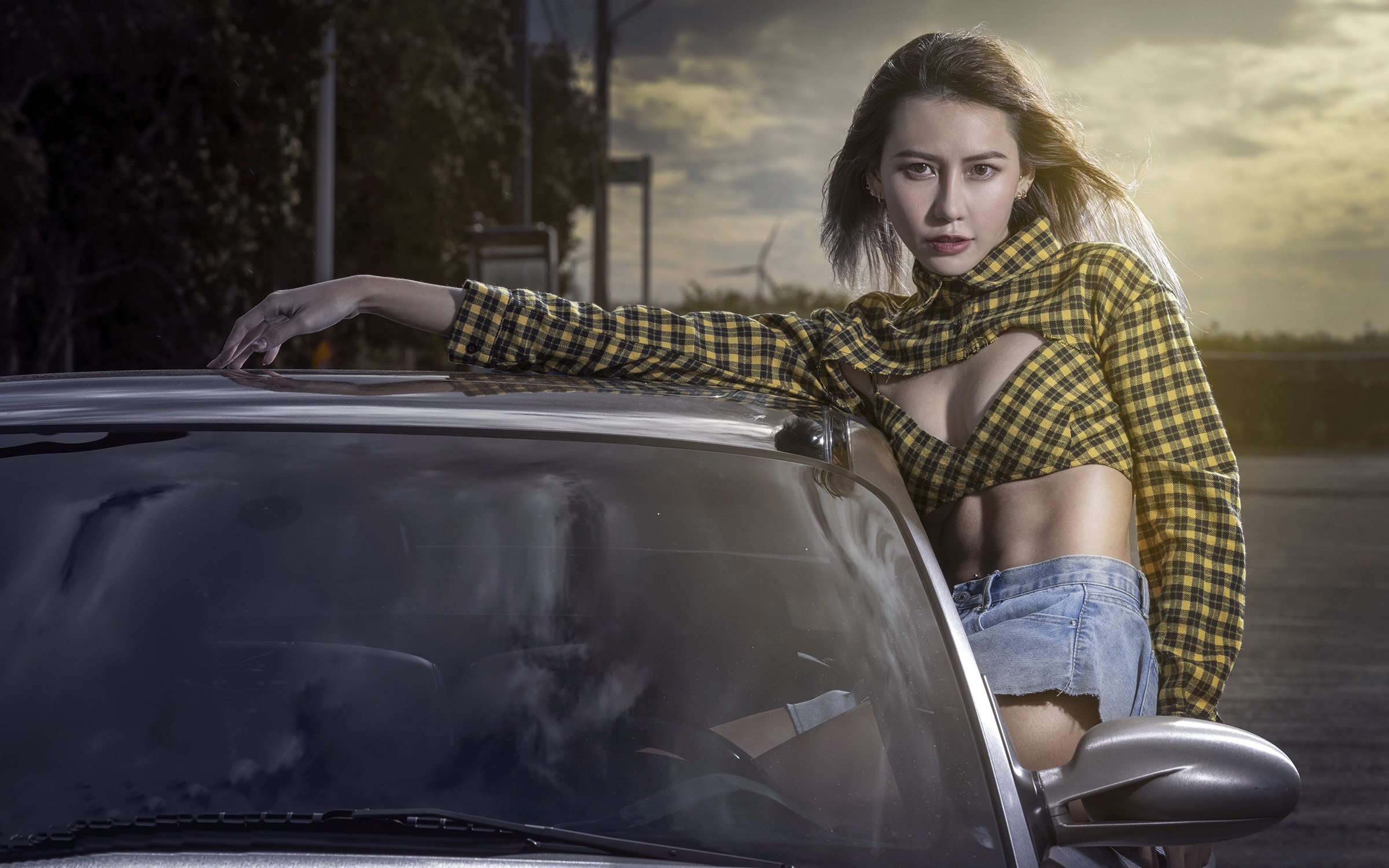 Women Asian Car Vehicle Women With Cars Model Looking At Viewer Plaid Clothing 2400x1500