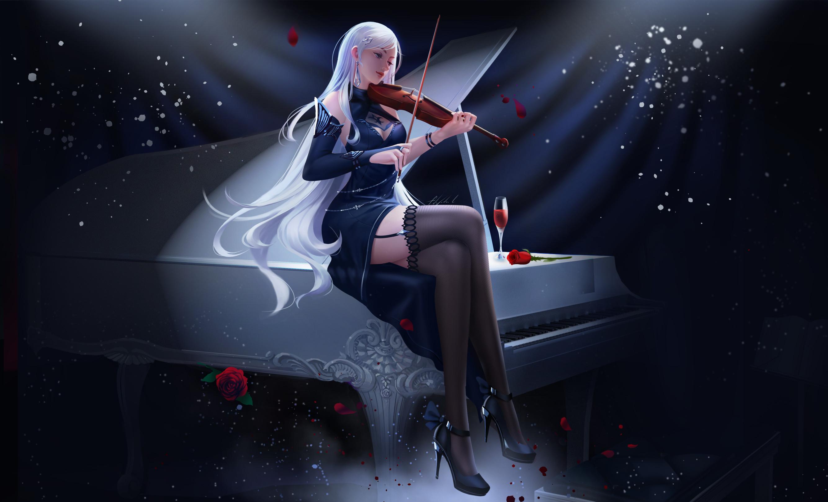 Alejandro Lara Drawing Women Silver Hair Violin Rose Flowers Piano Dress 2669x1618