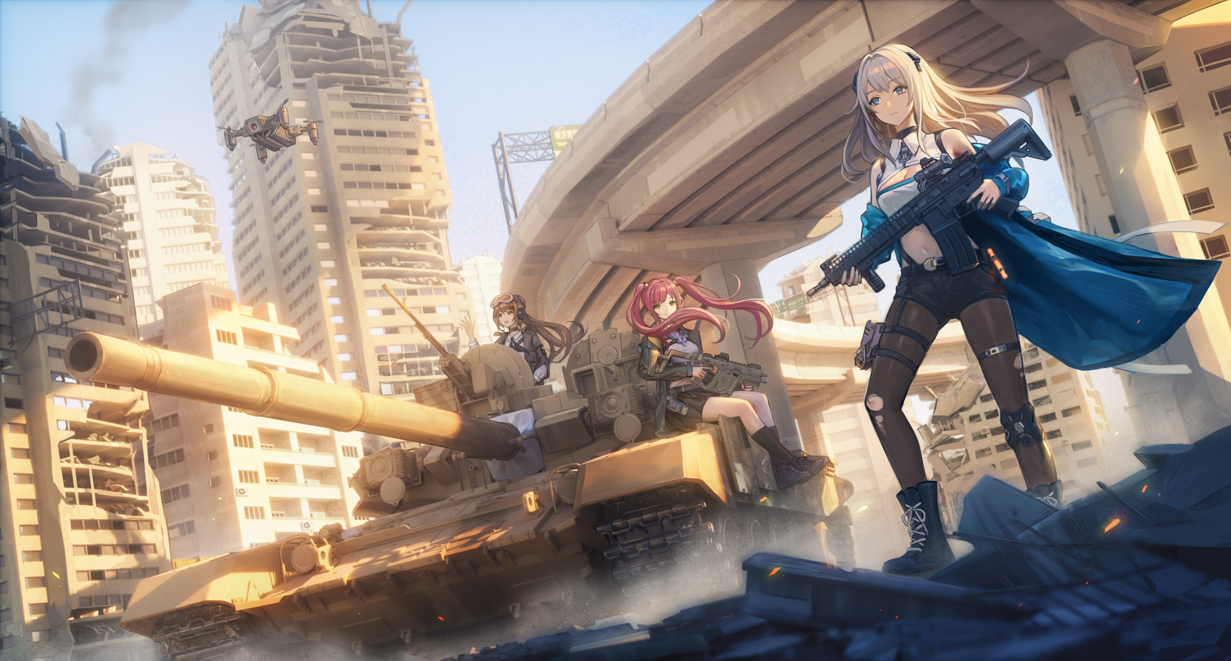Anime Anime Girls Tank Vehicle Military Vehicle Military Standing Blonde Redhead Brunette Ruins Weap 2400x1290