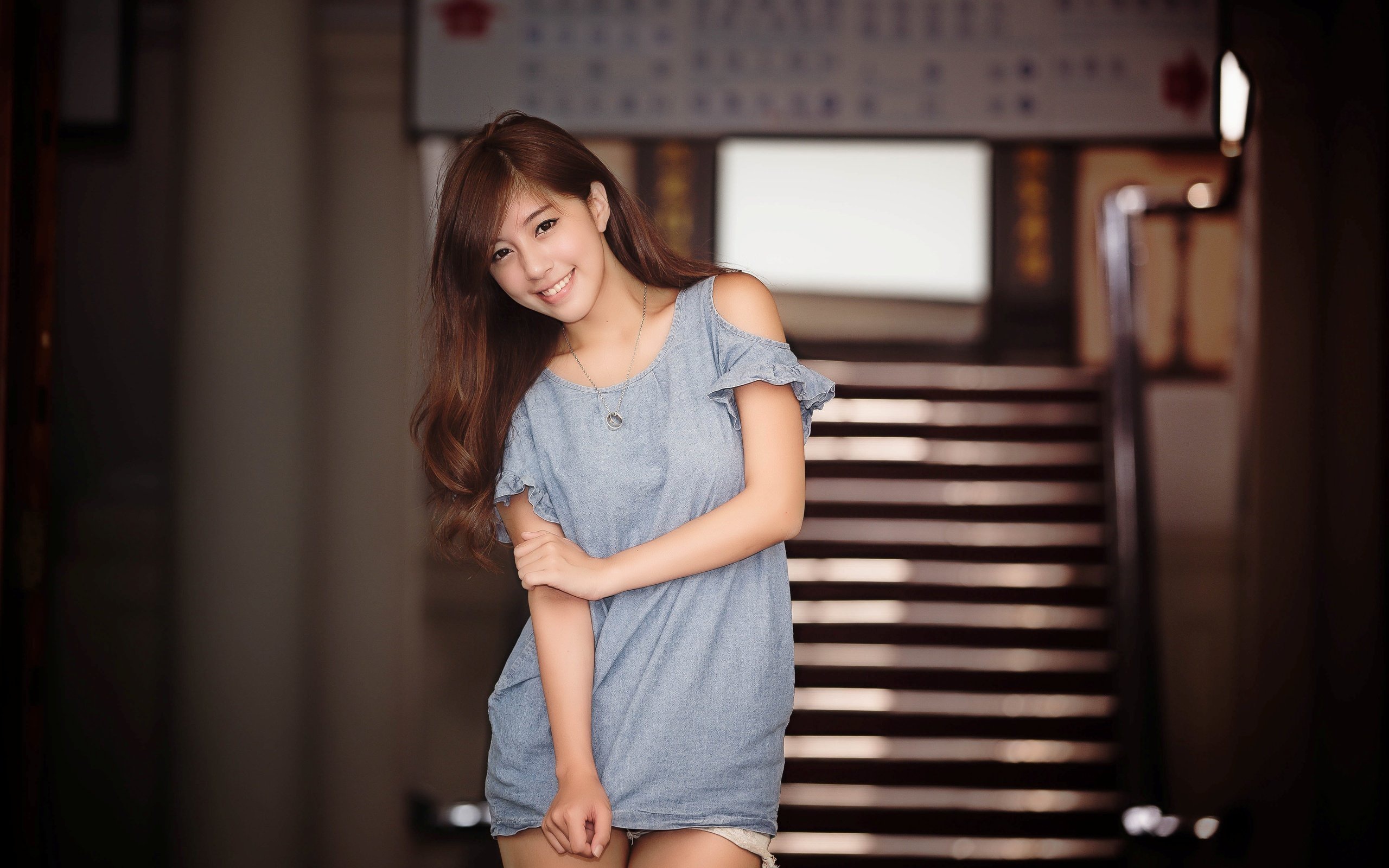Asian Model Women Long Hair Brunette Grey Shirt Shorts Depth Of Field Stairs Railings Smiling Jeans  2560x1600