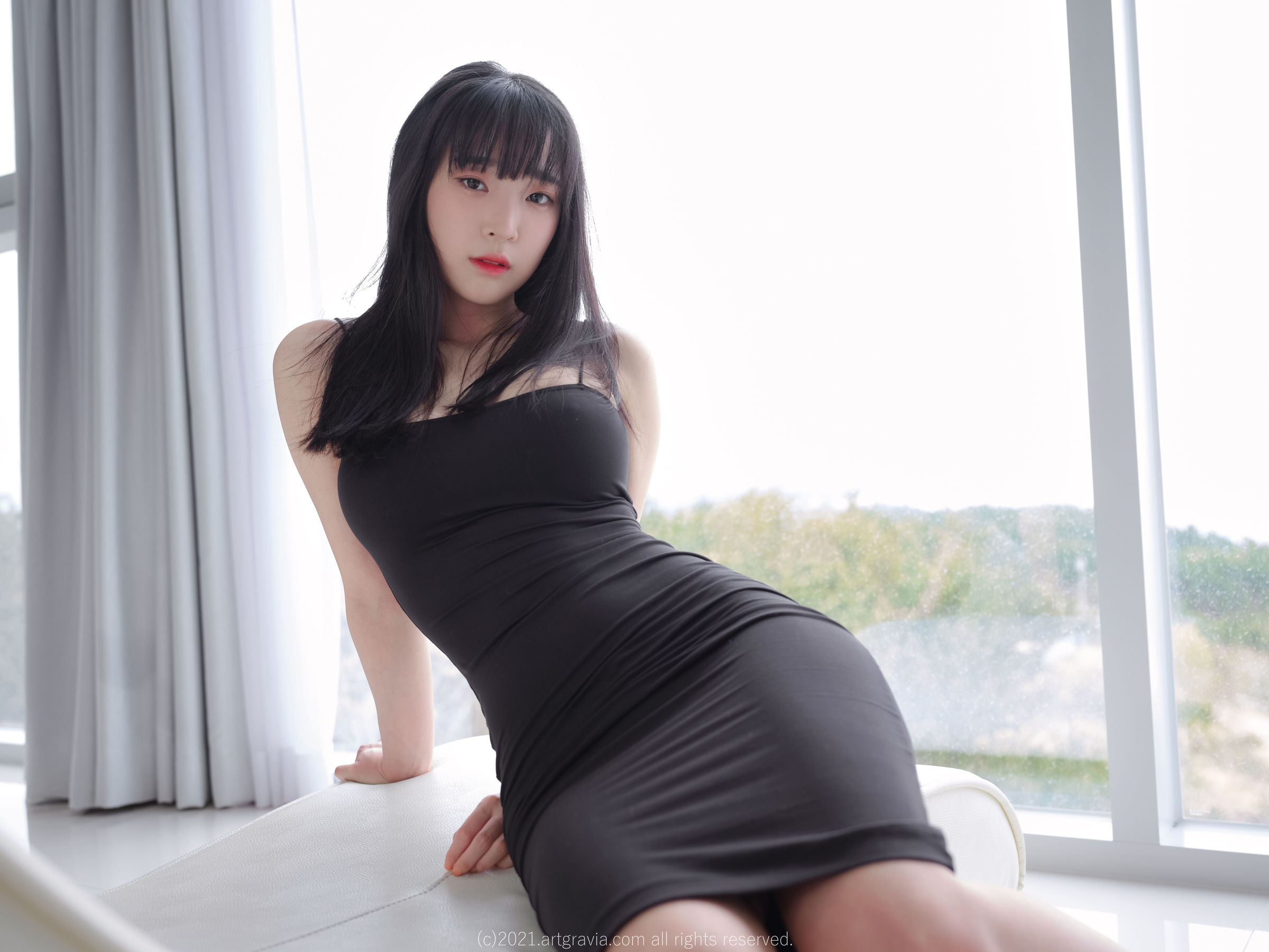 Women Brunette Dress Window Sill Black Dress Asian 2400x1800