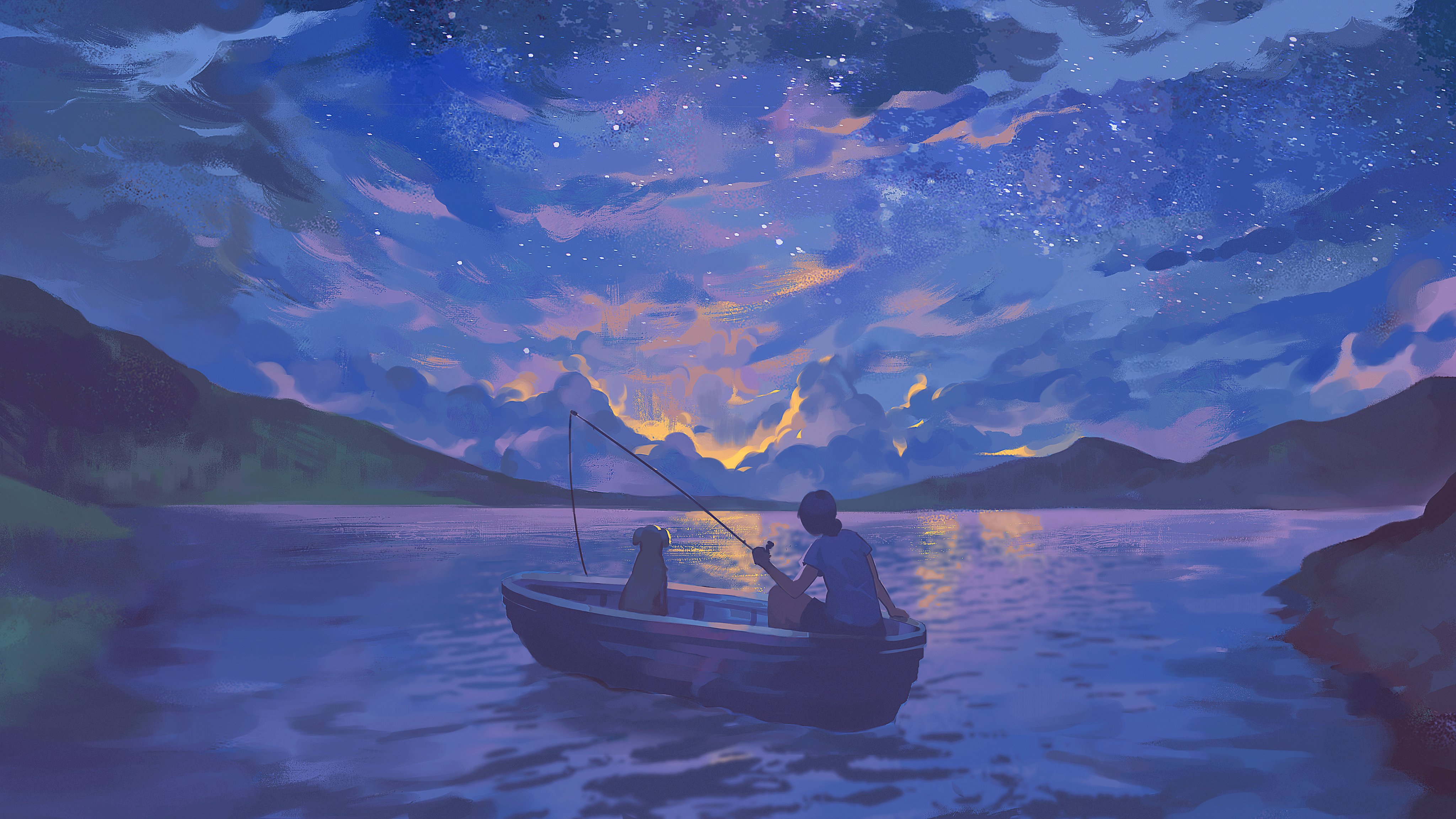 Artwork Night Boat Dog Fishing Lake Stars 4096x2305