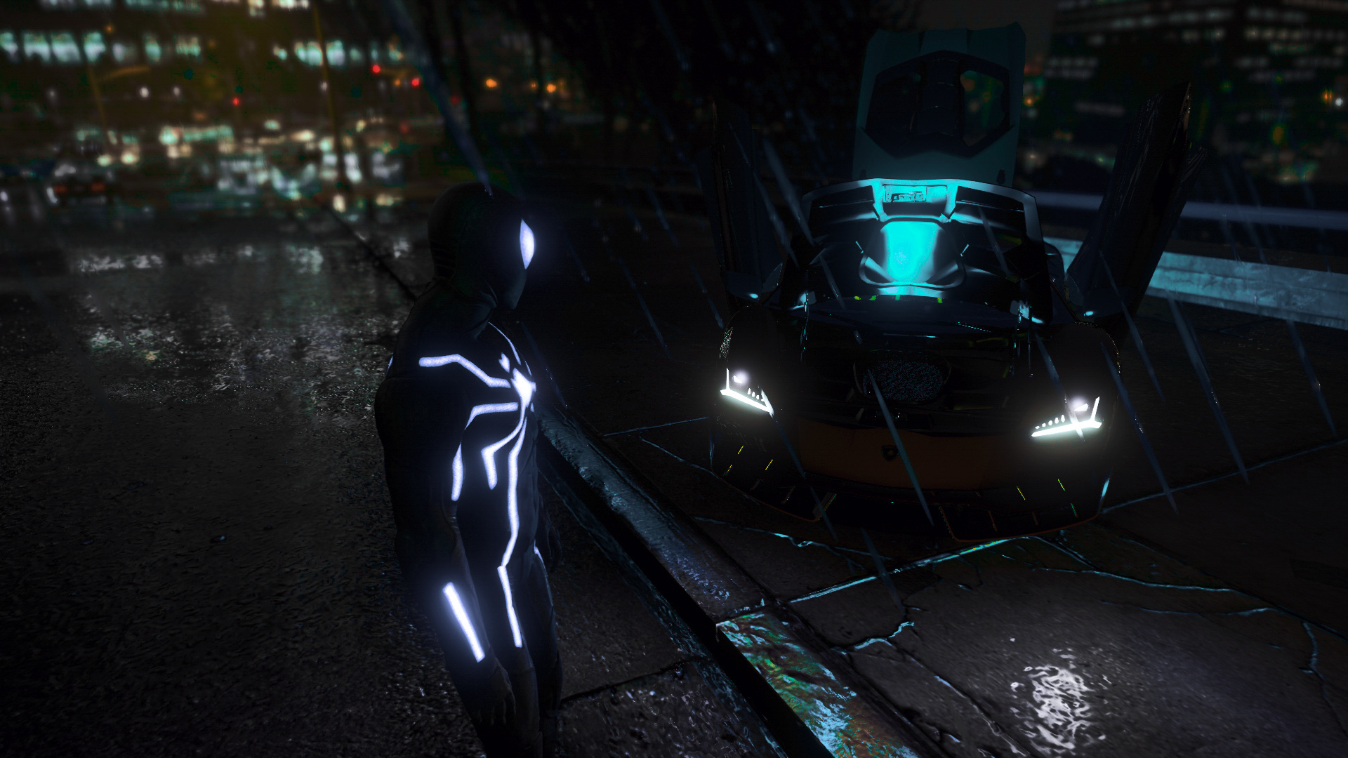 Grand Theft Auto V Spider Man Reflection Rain Lamborghini Centenario Video Games 1920x1080