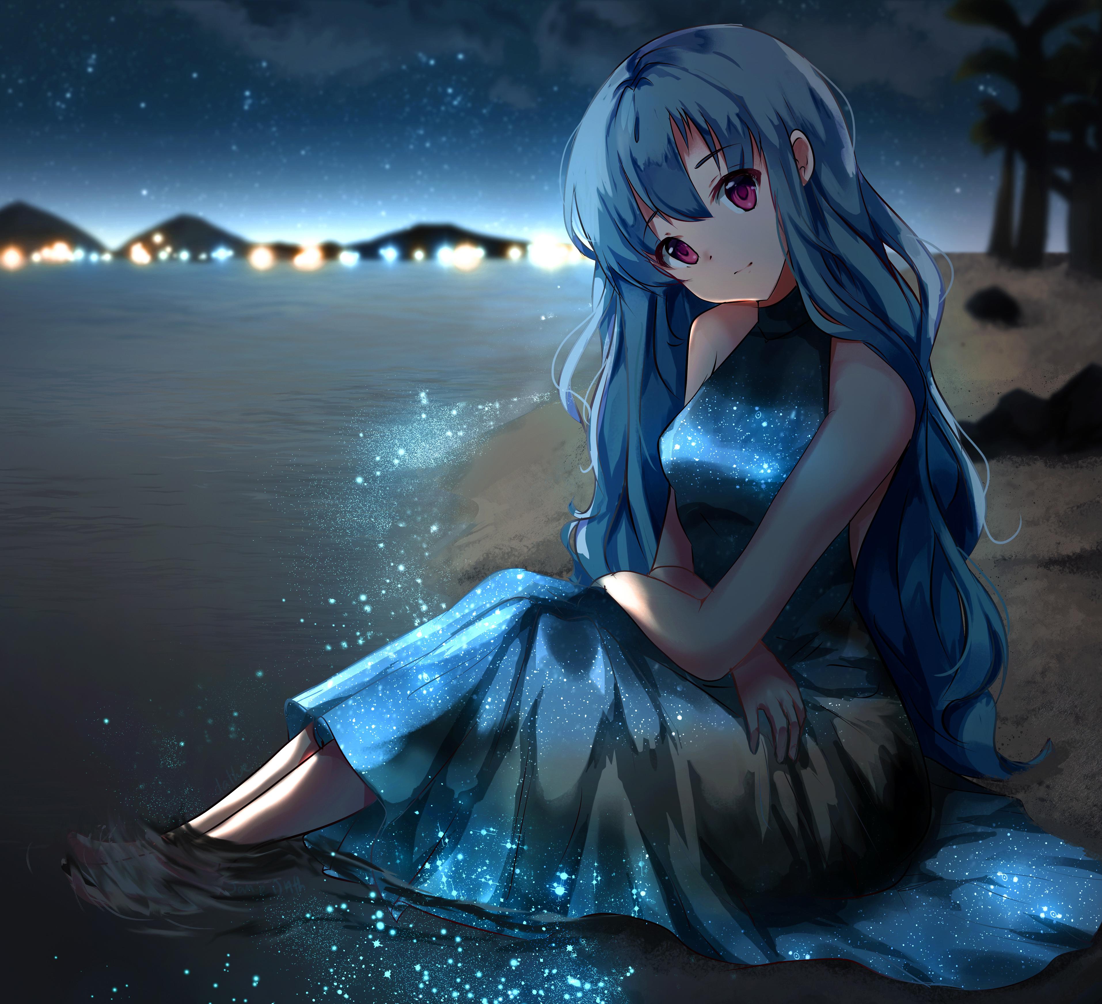 Anime Girls Dress Blue Hair Beach Night Purple Eyes 3828x3488