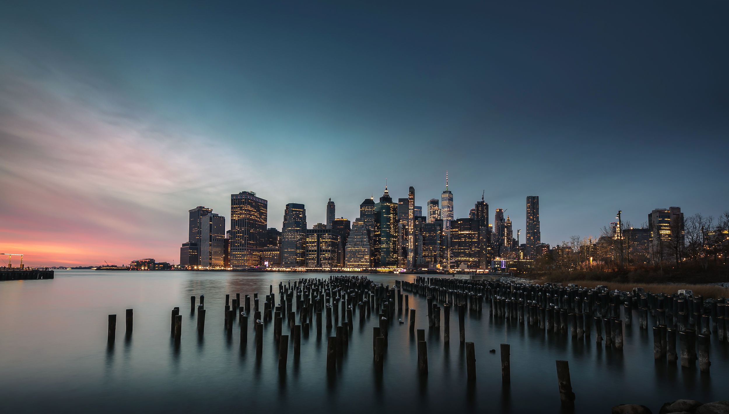 New York City Sea Water Night Lights City Cityscape Sky Clear Sky Sunset Building Outdoors Photograp 2500x1421