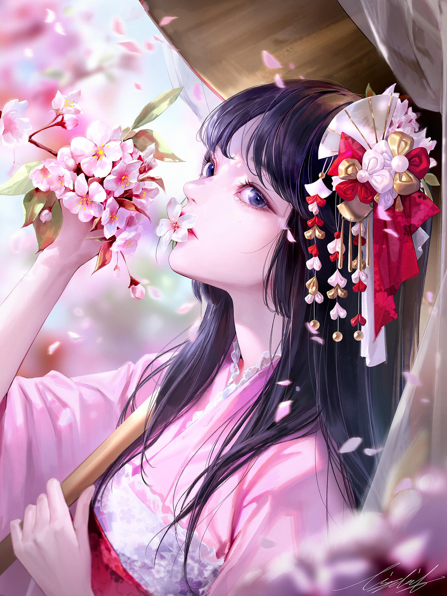 JiNYOUNG SON Anime Anime Girls Fantasy Art Fantasy Girl Flowers Face Dark Hair Looking Away Long Hai 1500x2000