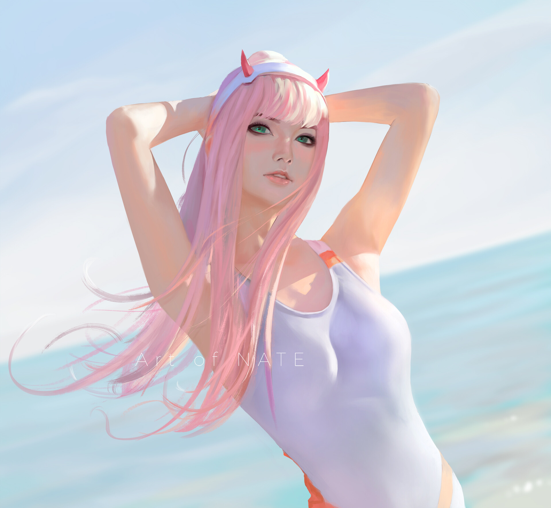 Pink Hair Drawing Horns Hands On Head Arms Up Digital Art Zero Two Darling In The FranXX 1920x1771