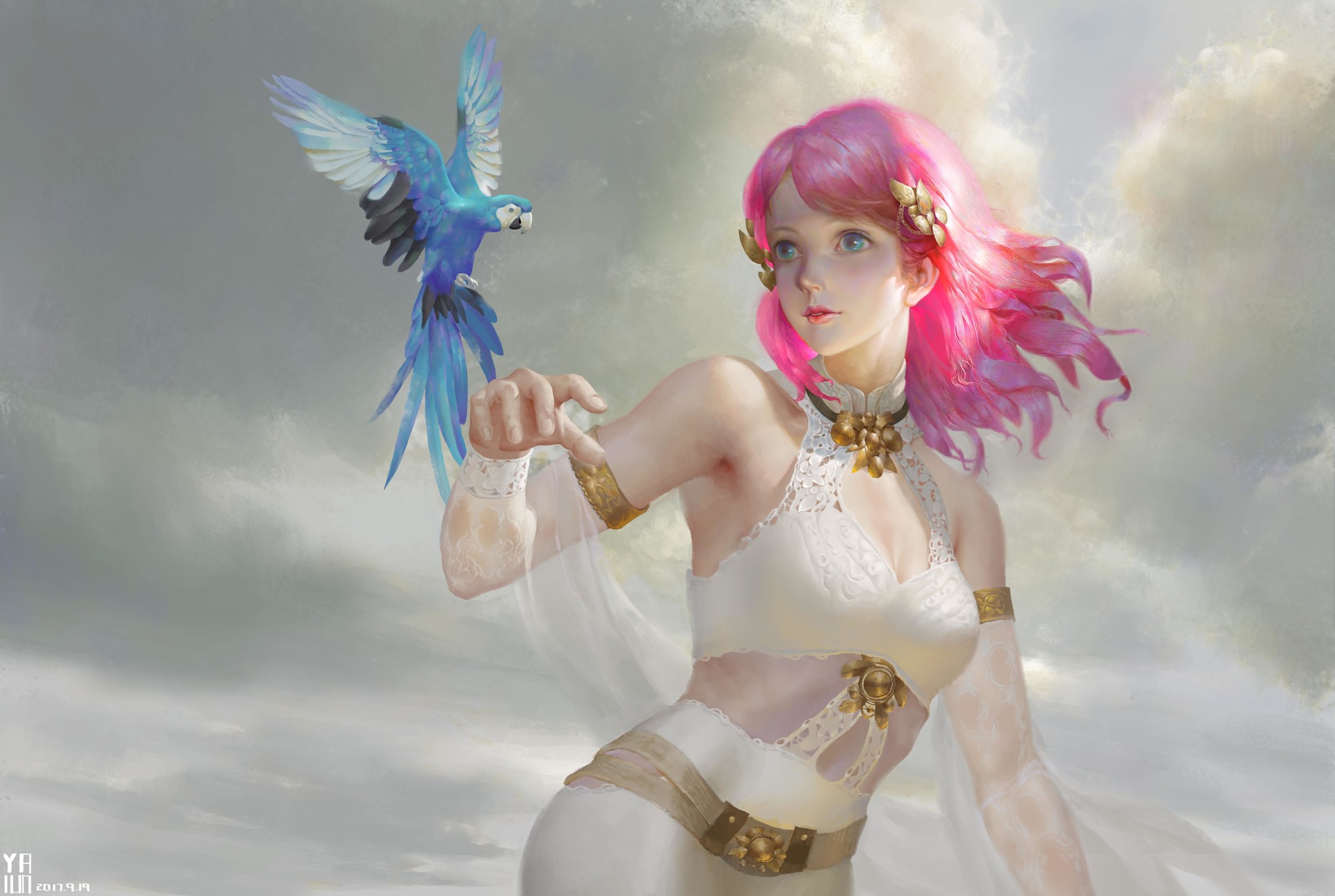 Artwork Fantasy Art Women Birds Pink Hair Shoulder Length Hair Hair Blowing In The Wind Bare Shoulde 1920x1289